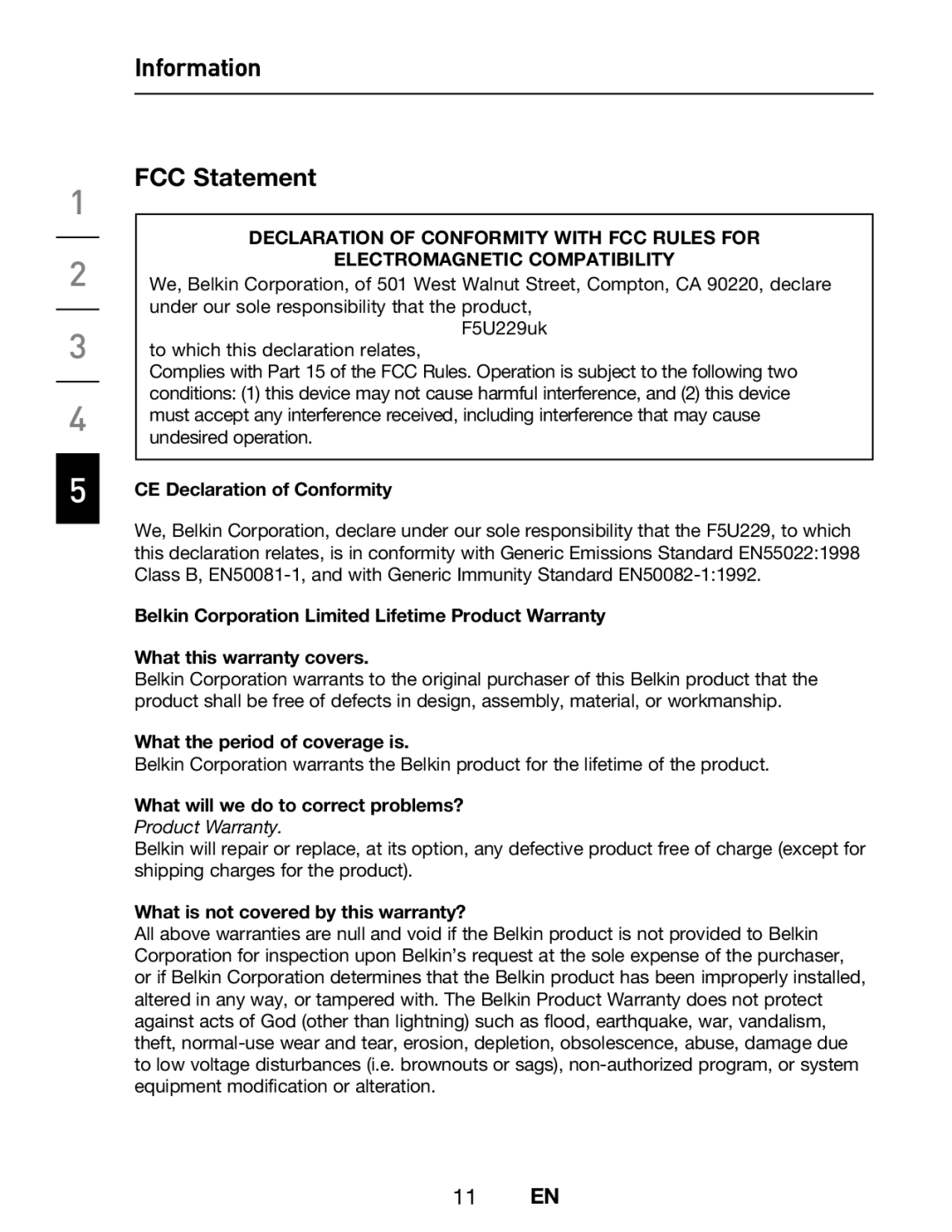 Belkin F5U229UK user manual Information FCC Statement, CE Declaration of Conformity 