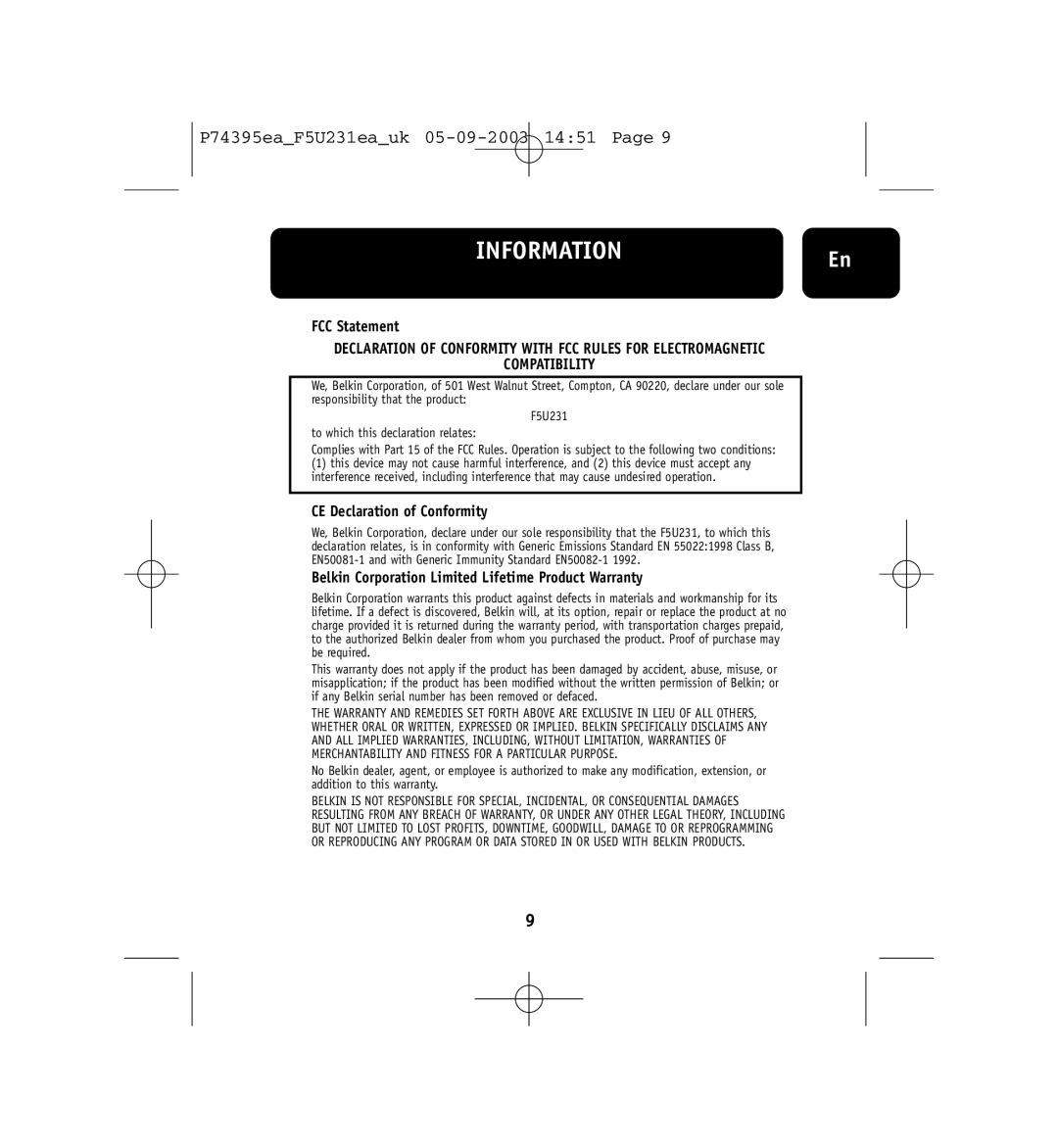 Belkin F5U231ea user manual INFORMATIONEn, FCC Statement, CE Declaration of Conformity 