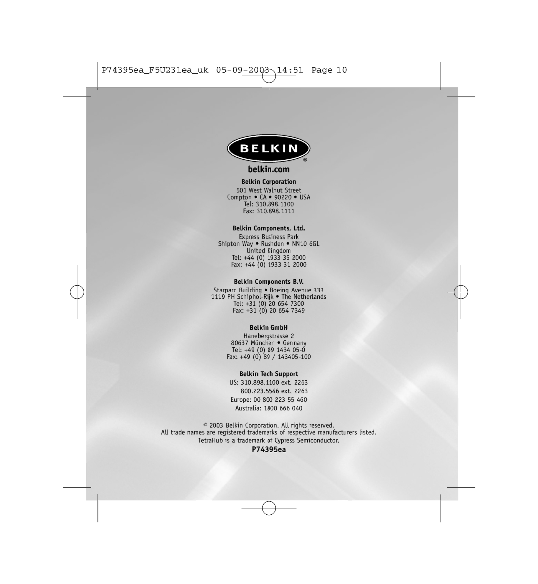 Belkin F5U231ea user manual P74395ea, Belkin Corporation 