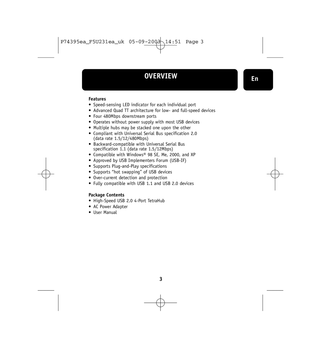 Belkin F5U231ea user manual OVERVIEWEn, Features, Package Contents 