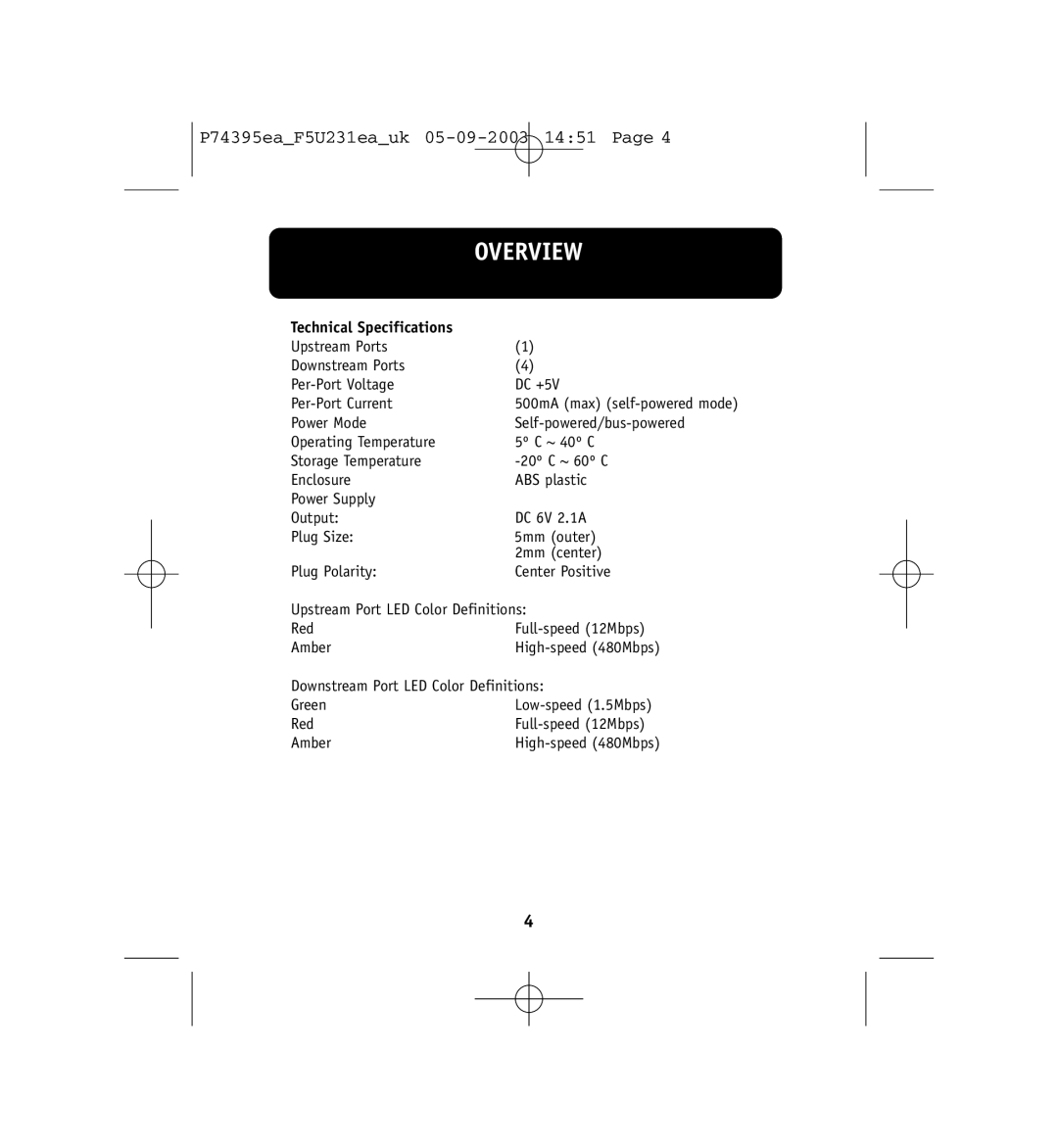 Belkin F5U231ea user manual Overview, Technical Specifications 