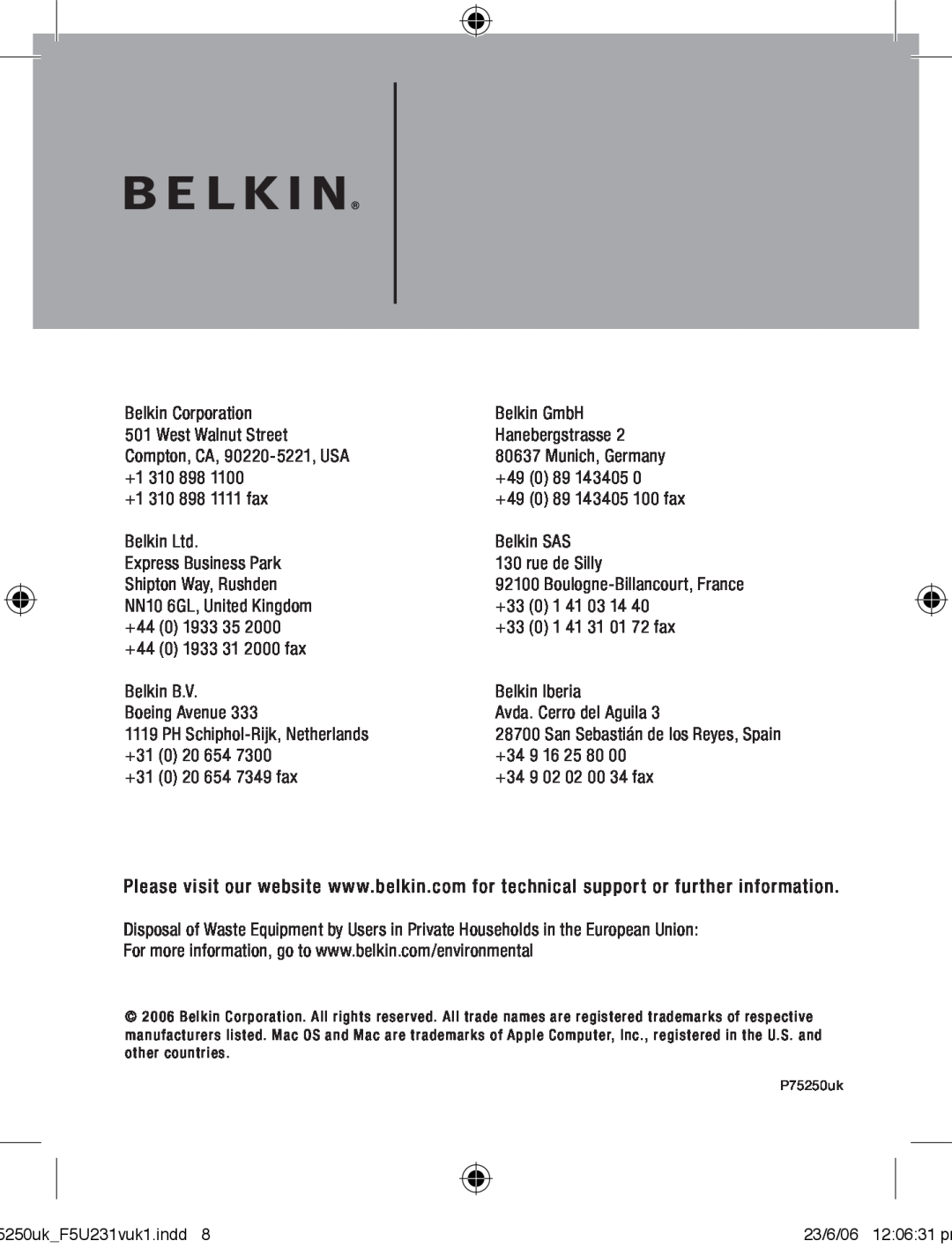 Belkin F5U231VUKI user manual Belkin Corporation 