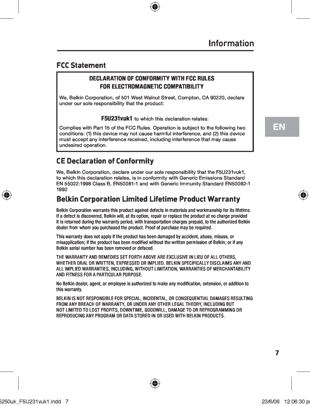 Belkin F5U231VUKI user manual Information, FCC Statement, CE Declaration of Conformity 