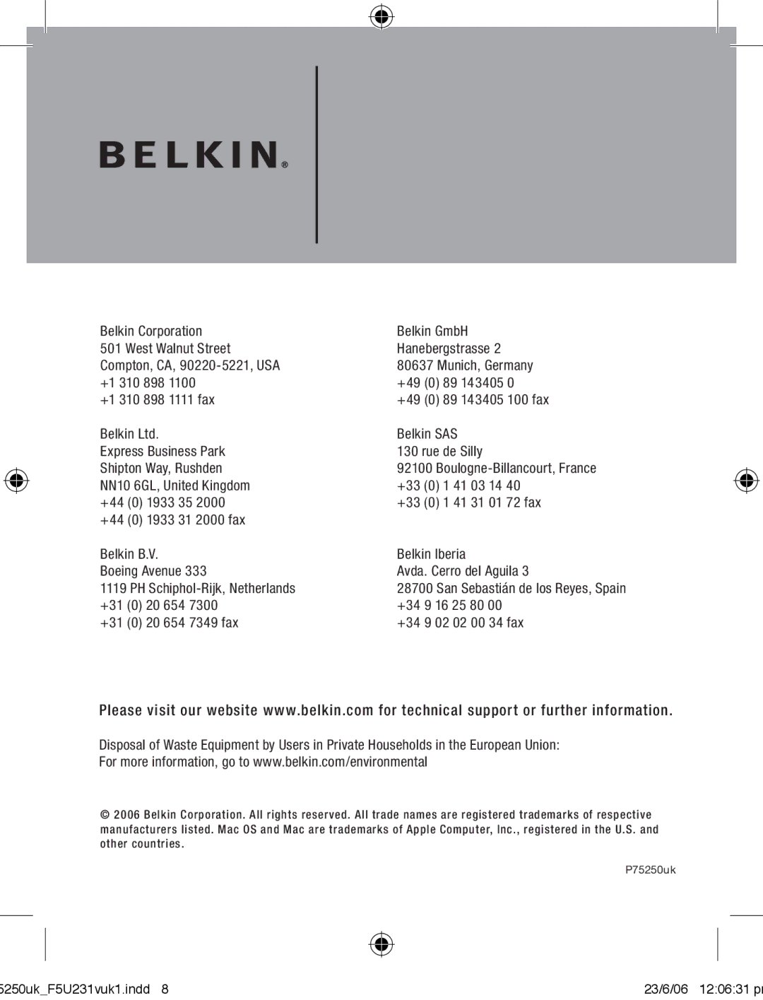 Belkin F5U231VUKI user manual 89 143405 