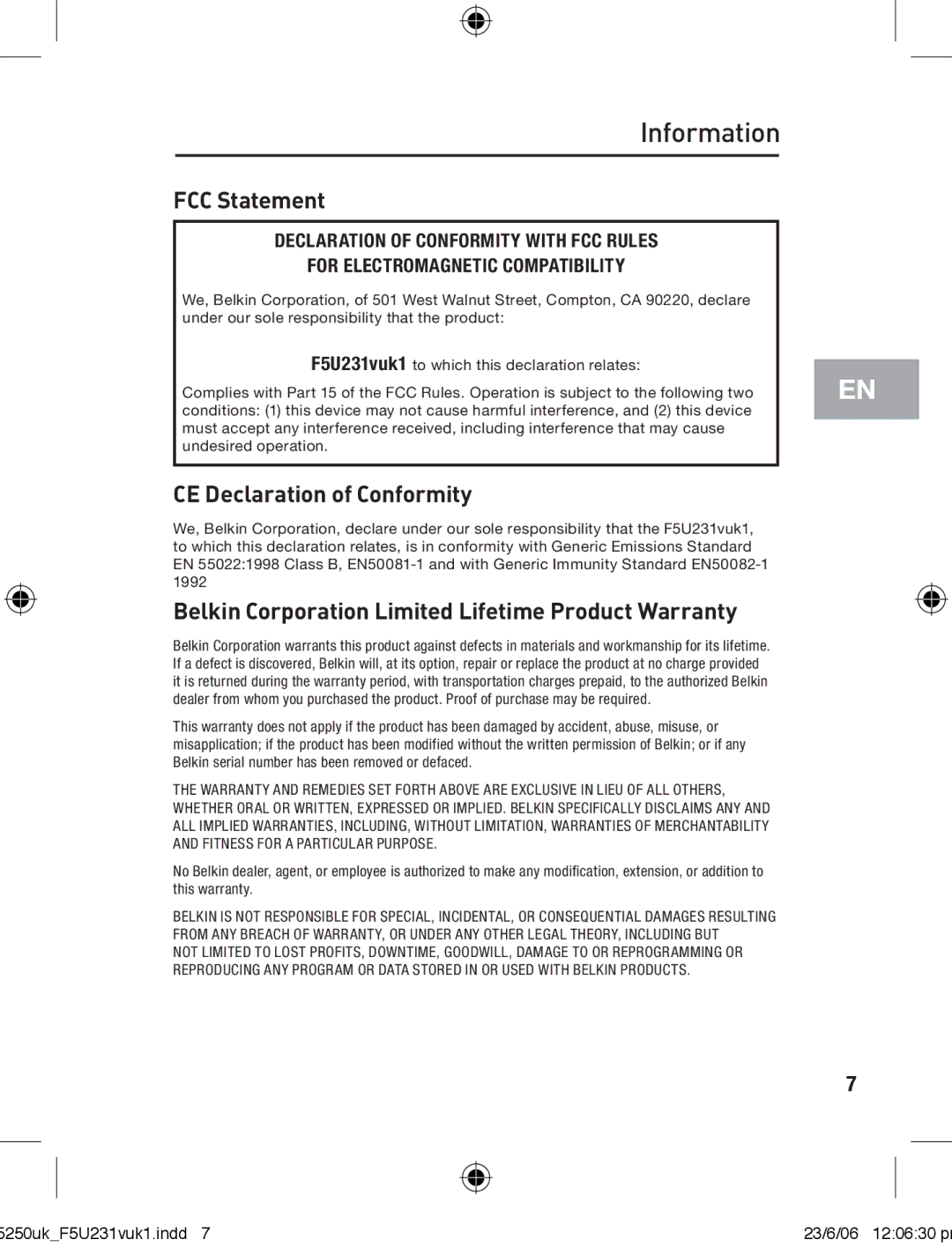 Belkin F5U231VUKI user manual Information, FCC Statement 