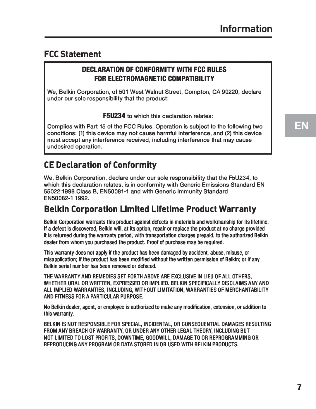 Belkin F5U234 user manual Information, FCC Statement, CE Declaration of Conformity 