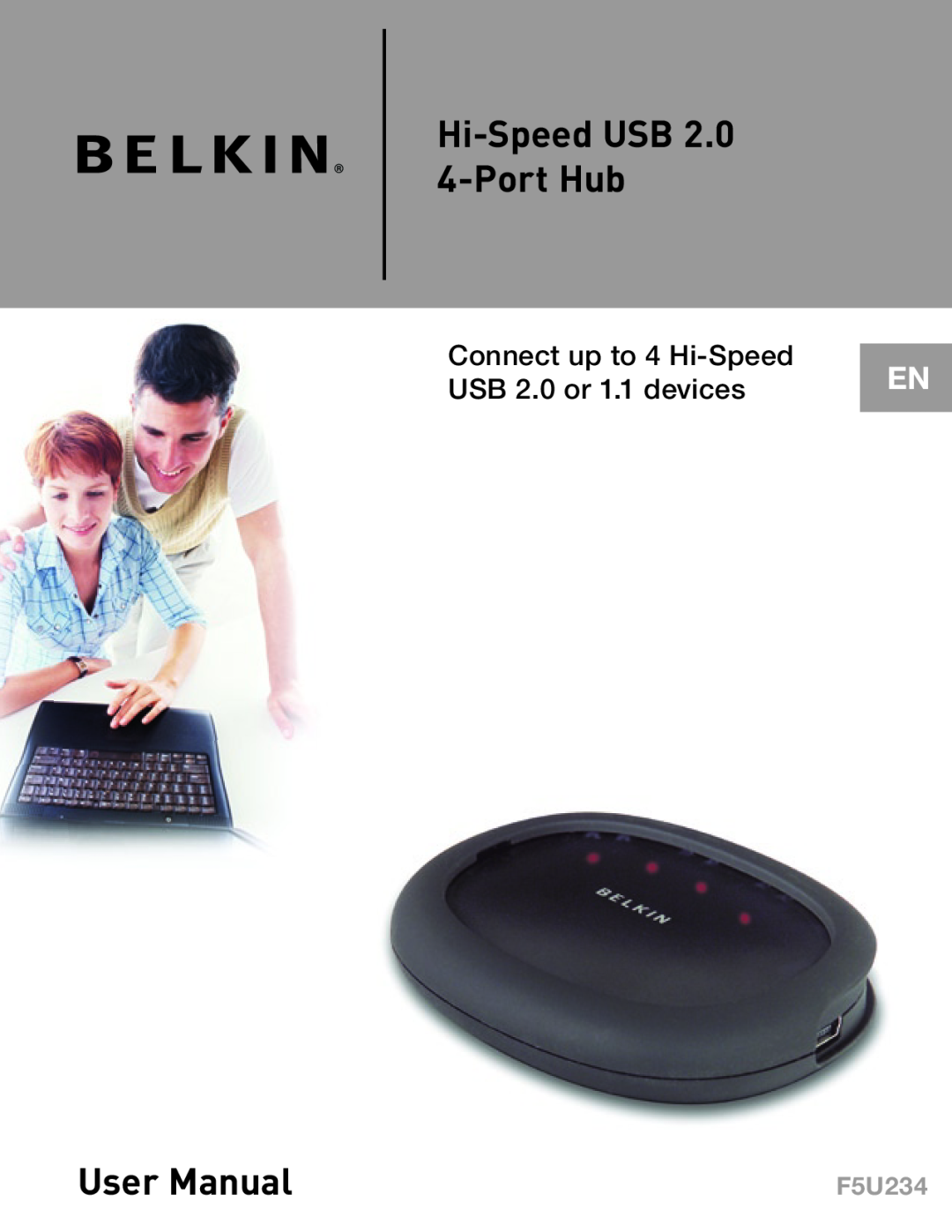 Belkin F5U234 user manual Hi-Speed USB 2.0 4-Port Hub, User Manual, Connect up to 4 Hi-Speed USB 2.0 or 1.1 devices 