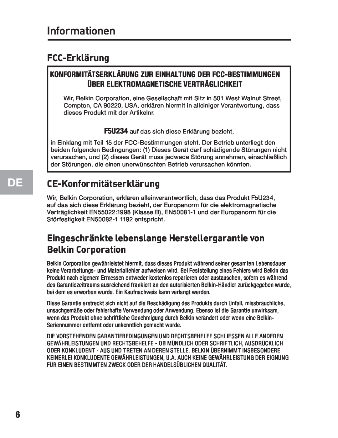 Belkin F5U234 user manual Informationen, FCC-Erklärung, CE-Konformitätserklärung 