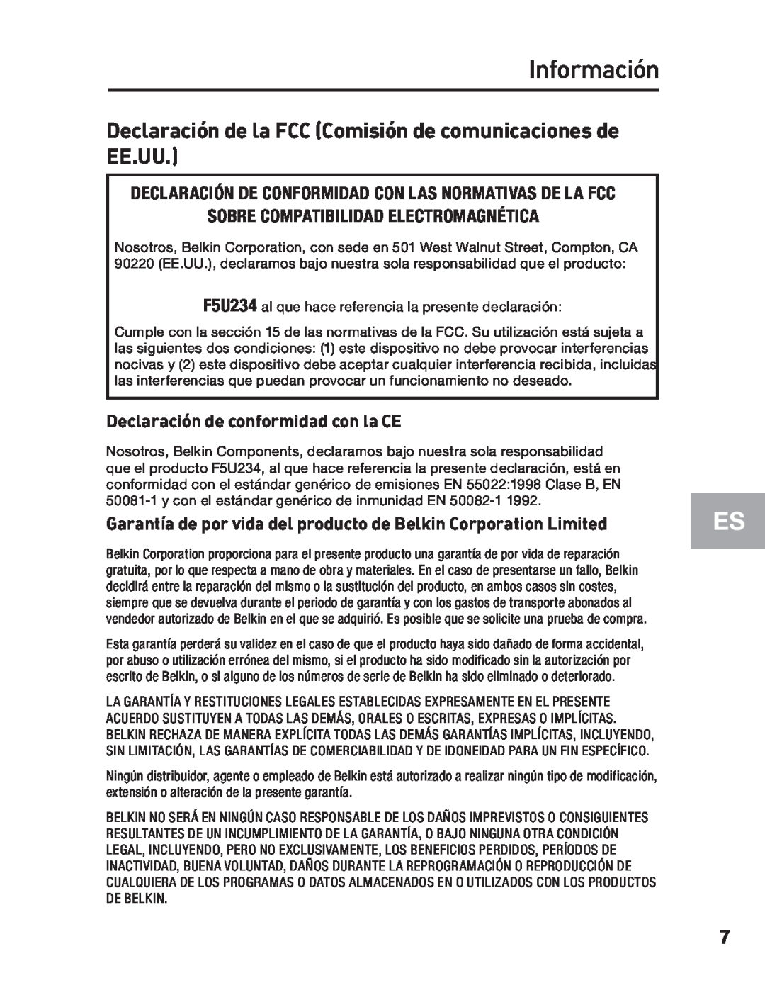 Belkin F5U234 Información, Declaración de la FCC Comisión de comunicaciones de EE.UU, Declaración de conformidad con la CE 