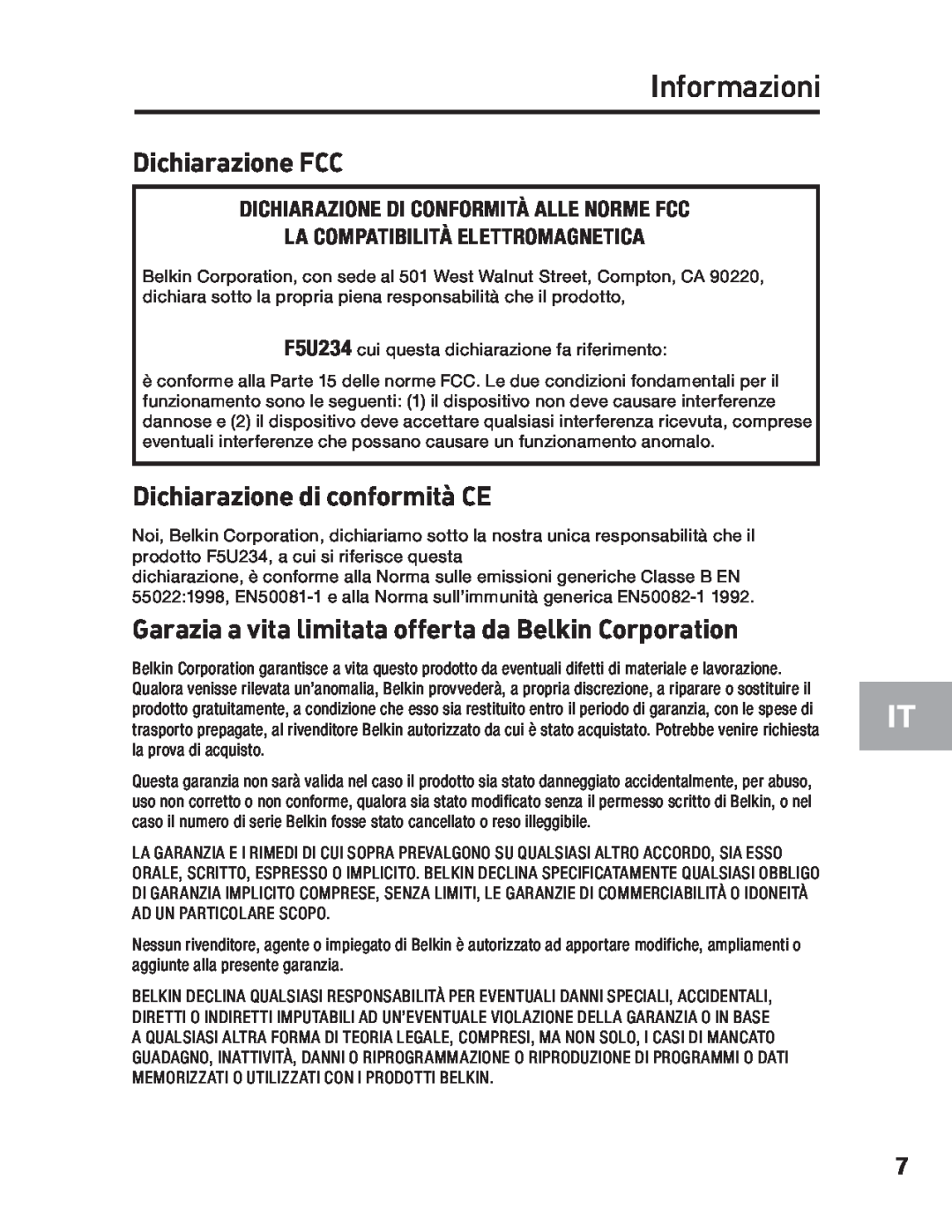 Belkin F5U234 user manual Informazioni, Dichiarazione FCC, Dichiarazione di conformità CE 