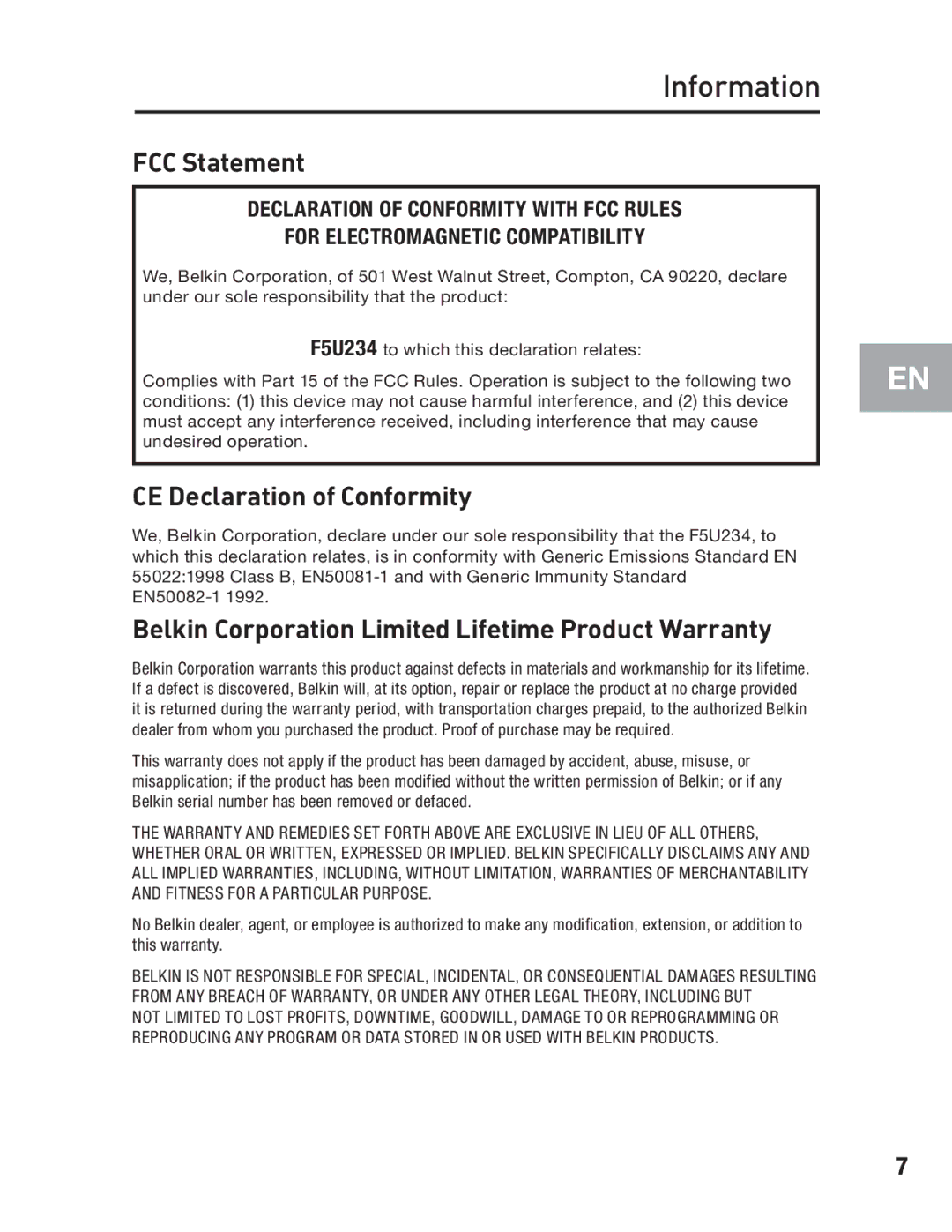 Belkin F5U234 user manual Information, FCC Statement 