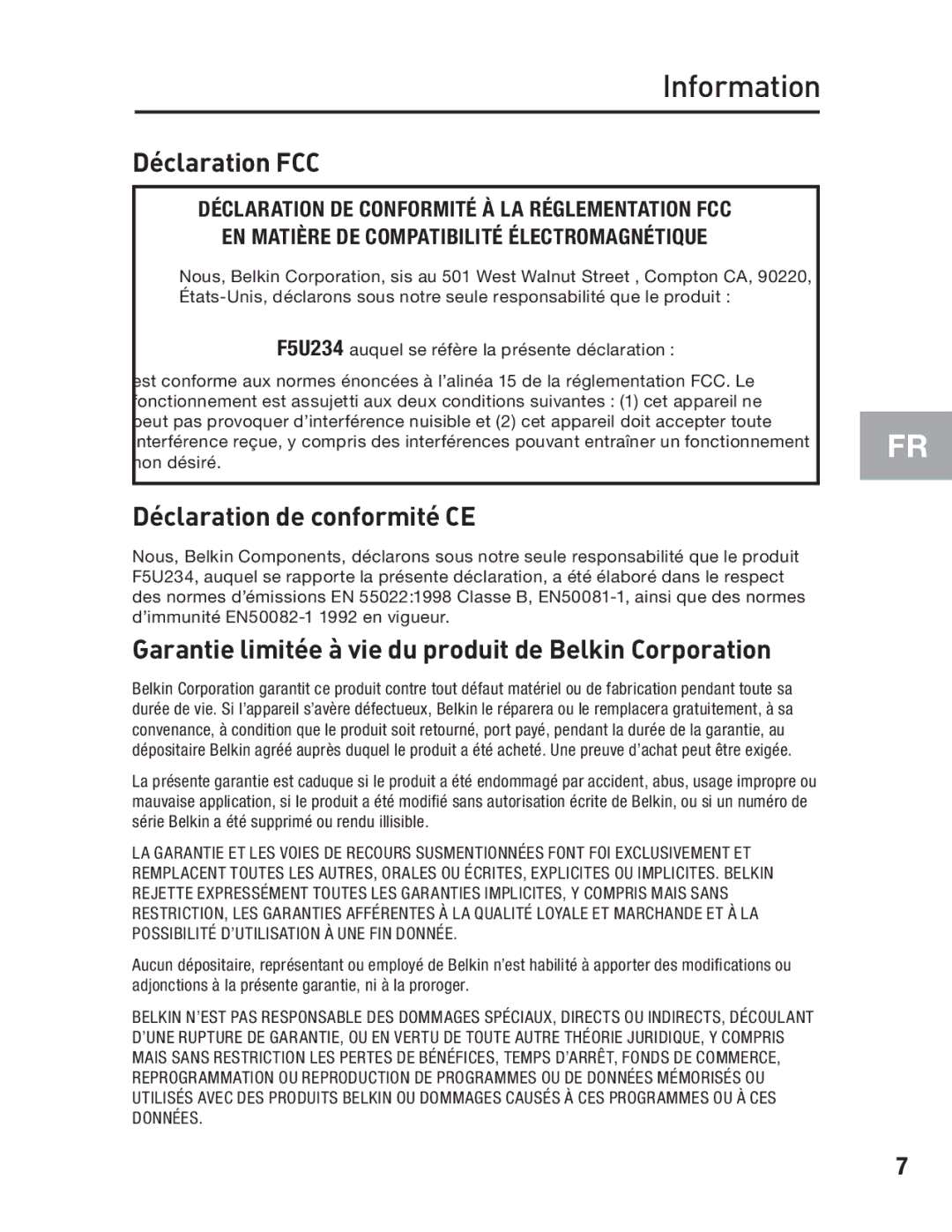 Belkin F5U234 user manual Déclaration FCC 