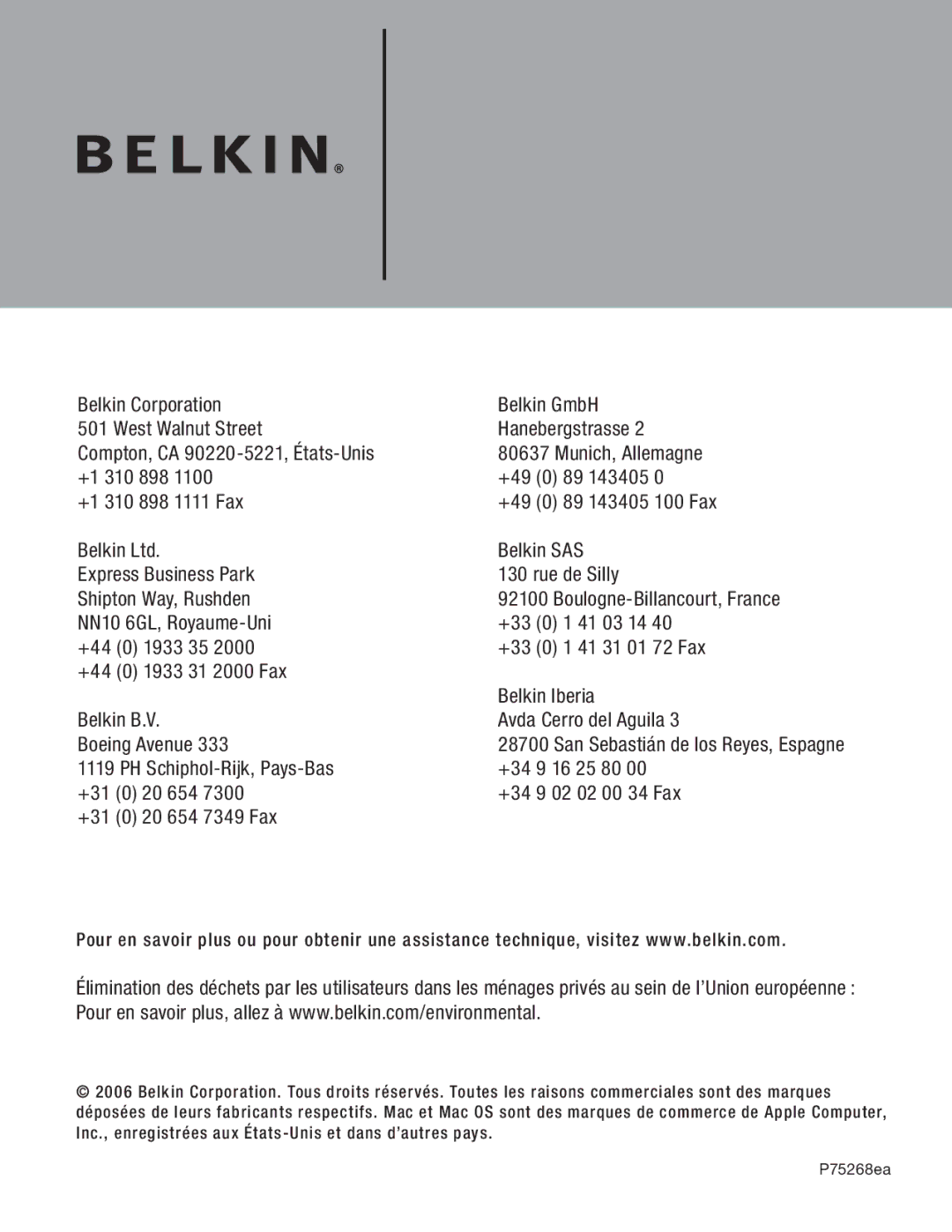 Belkin F5U234 user manual Munich, Allemagne 