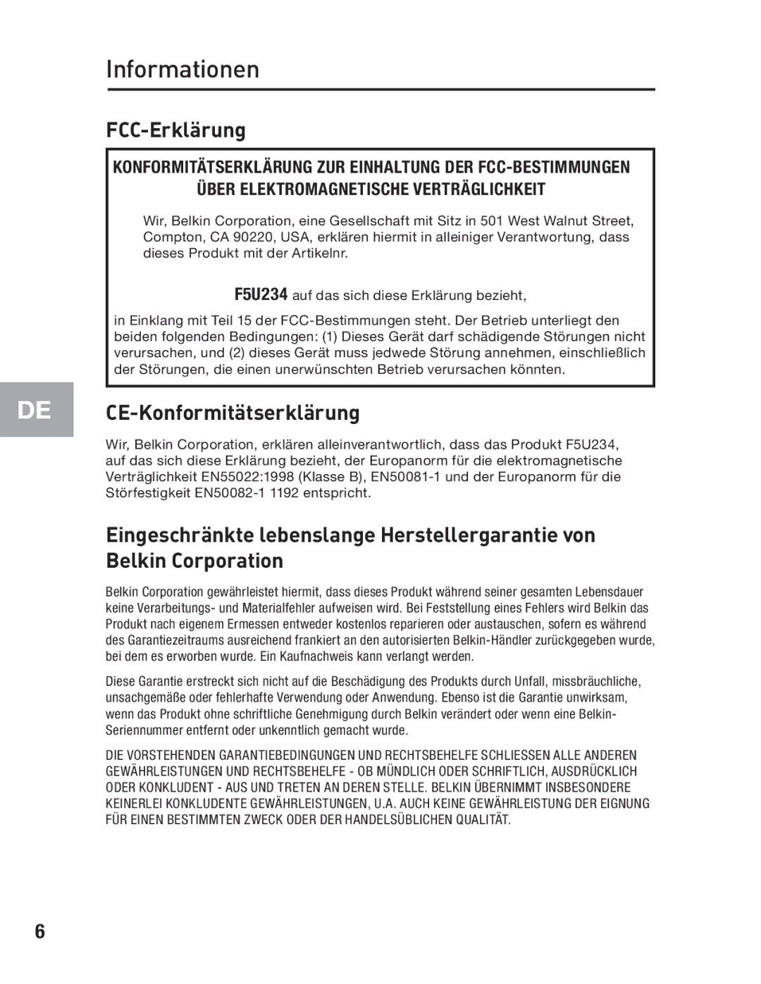 Belkin F5U234 user manual Informationen, FCC-Erklärung 