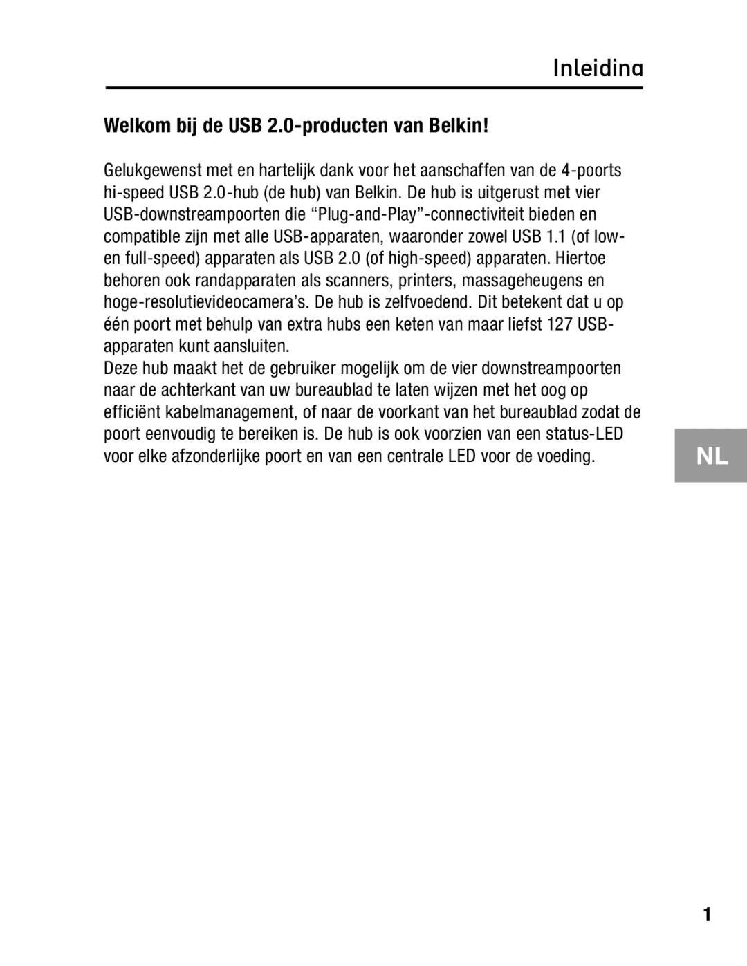 Belkin F5U234 user manual Inleiding, Welkom bij de USB 2.0-producten van Belkin 