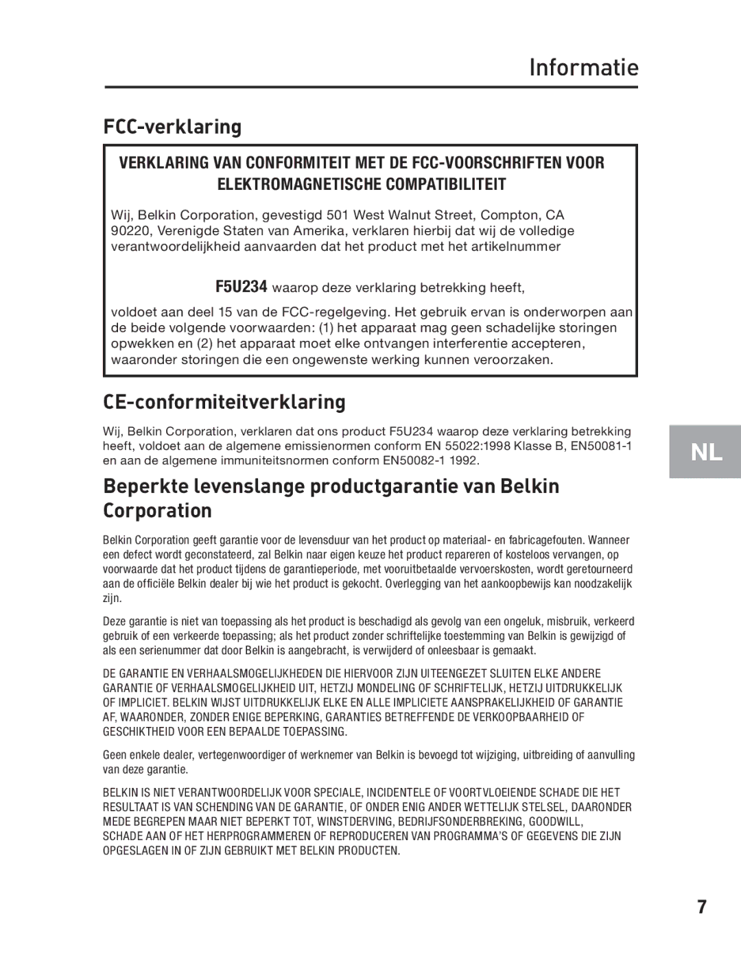 Belkin F5U234 user manual Informatie, FCC-verklaring 