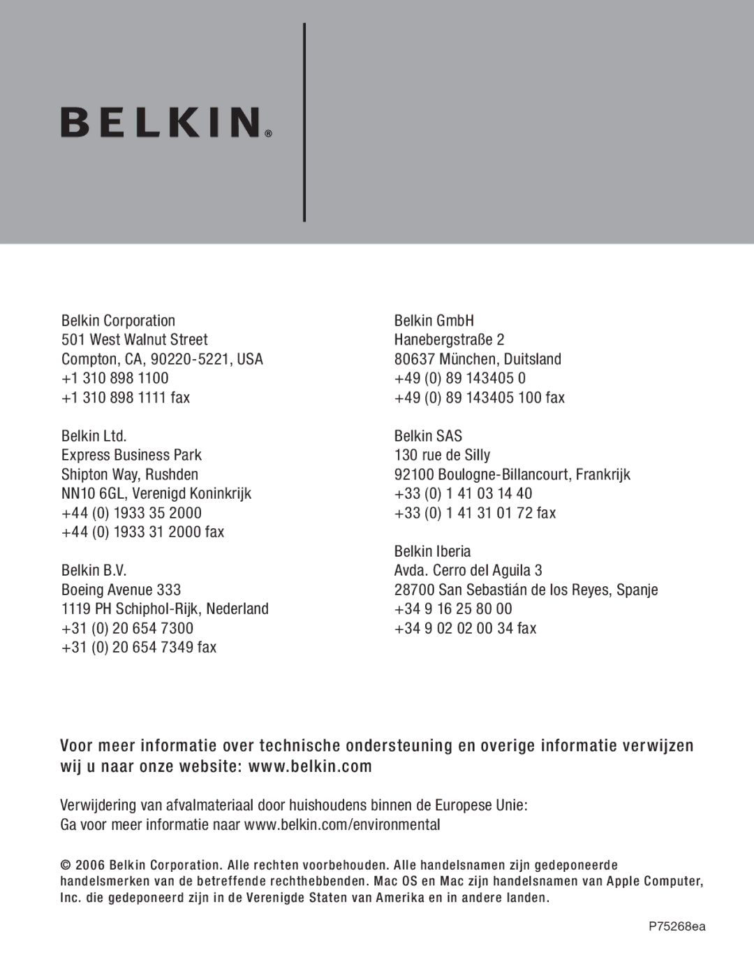 Belkin F5U234 user manual NN10 6GL, Verenigd Koninkrijk 