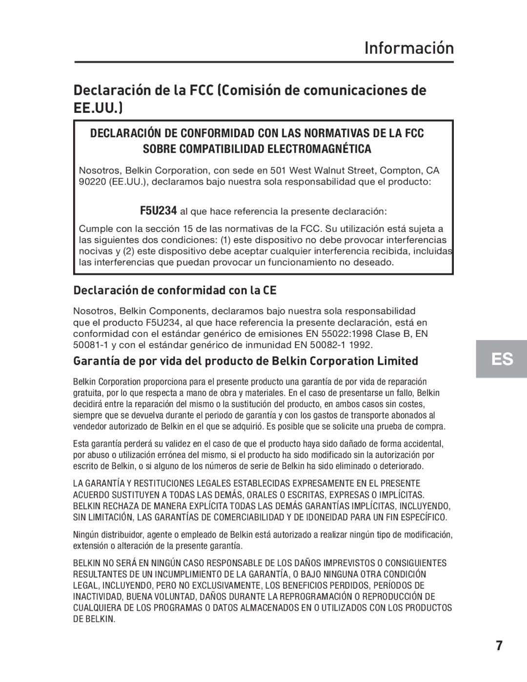 Belkin F5U234 user manual Información, Declaración de la FCC Comisión de comunicaciones de EE.UU 