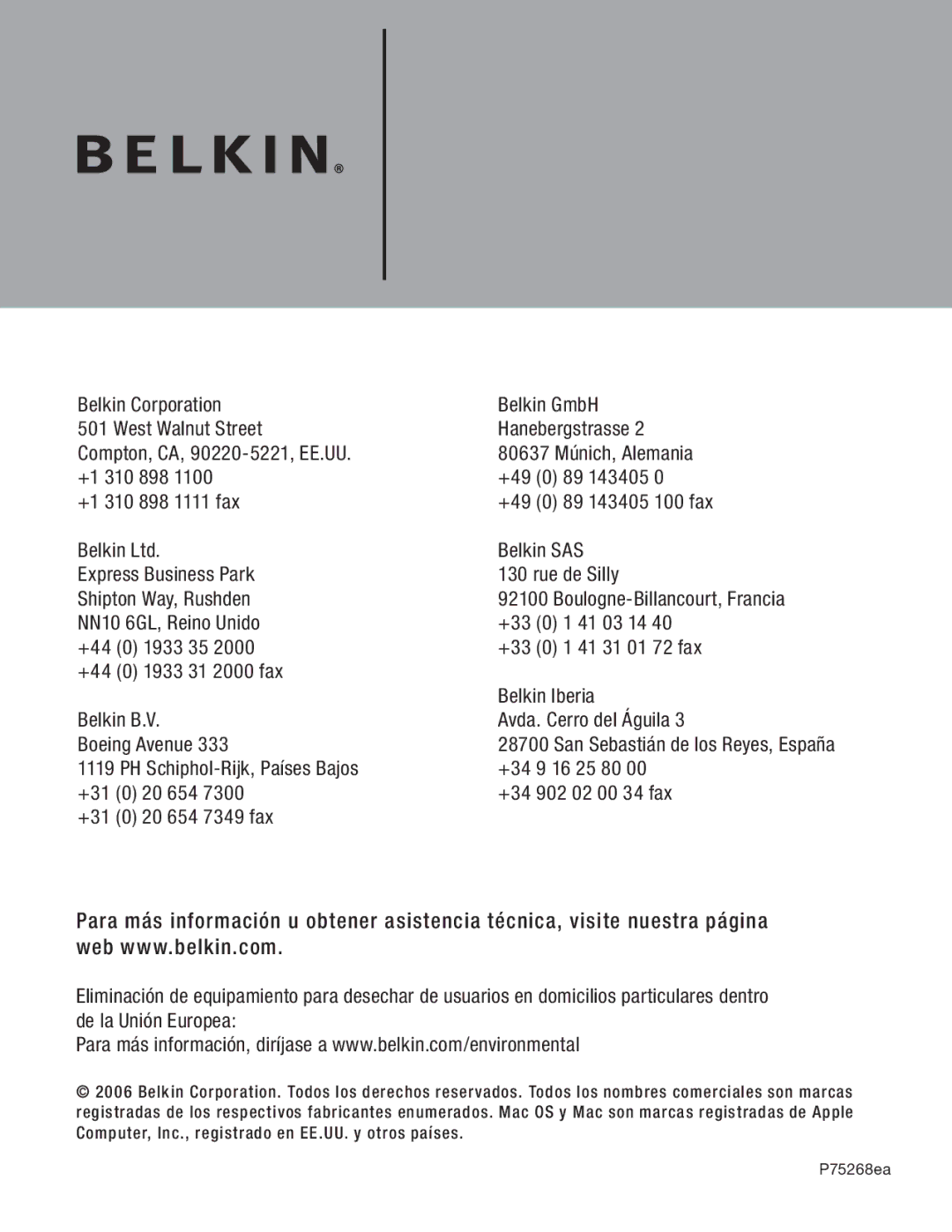 Belkin F5U234 user manual NN10 6GL, Reino Unido 