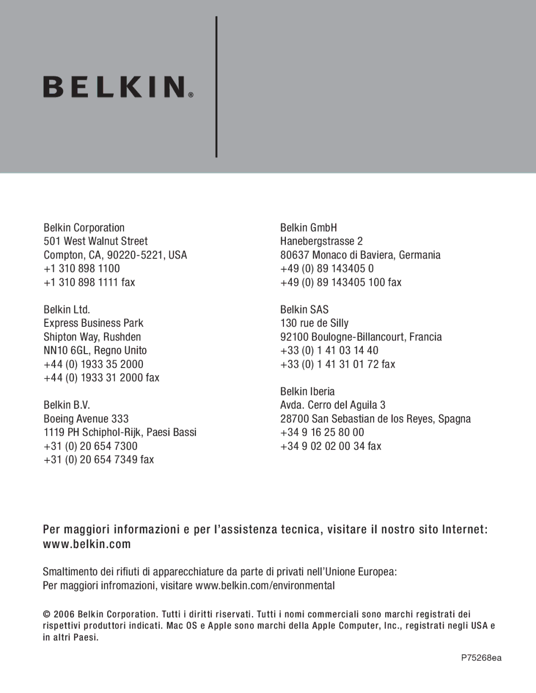 Belkin F5U234 user manual NN10 6GL, Regno Unito 