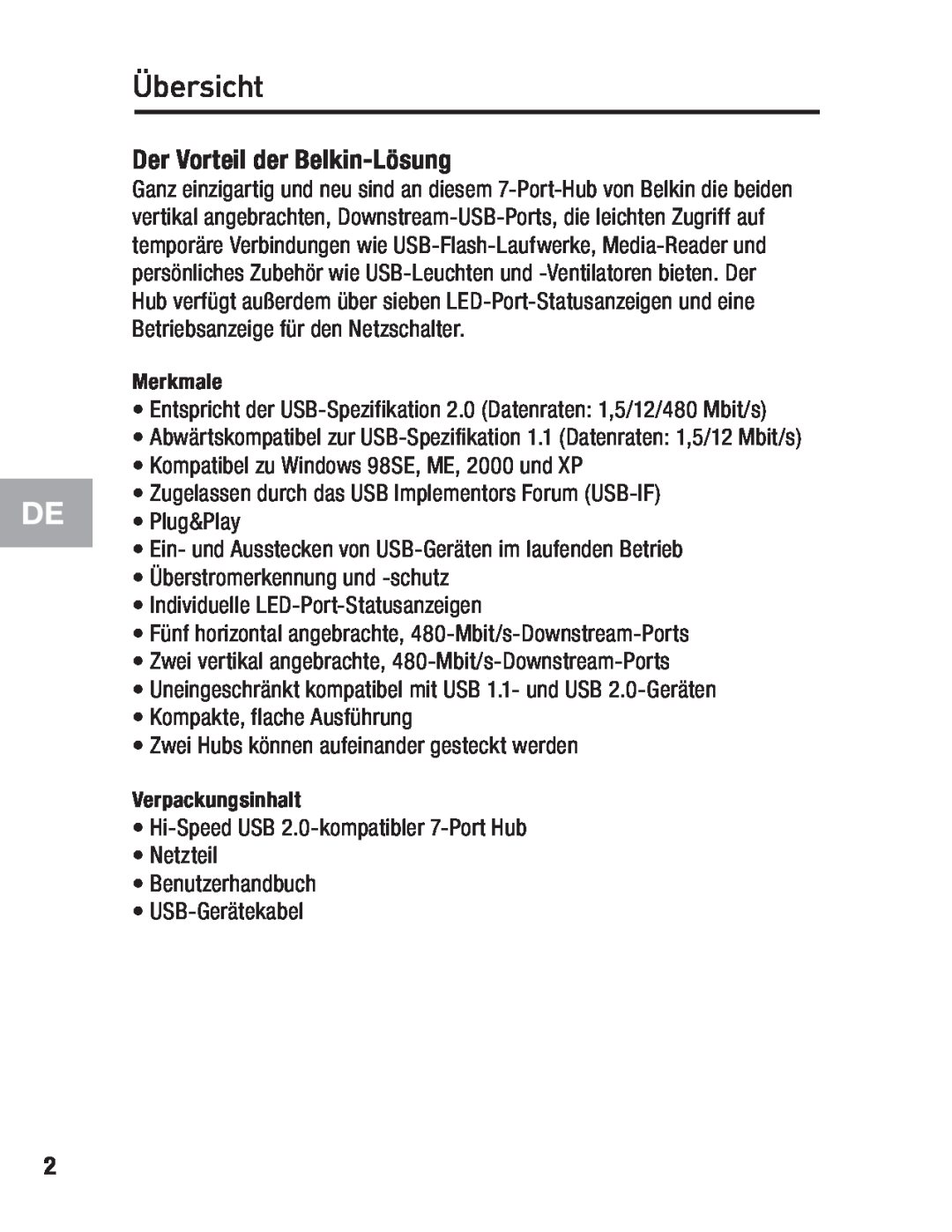 Belkin F5U237 user manual Übersicht, Der Vorteil der Belkin-Lösung 