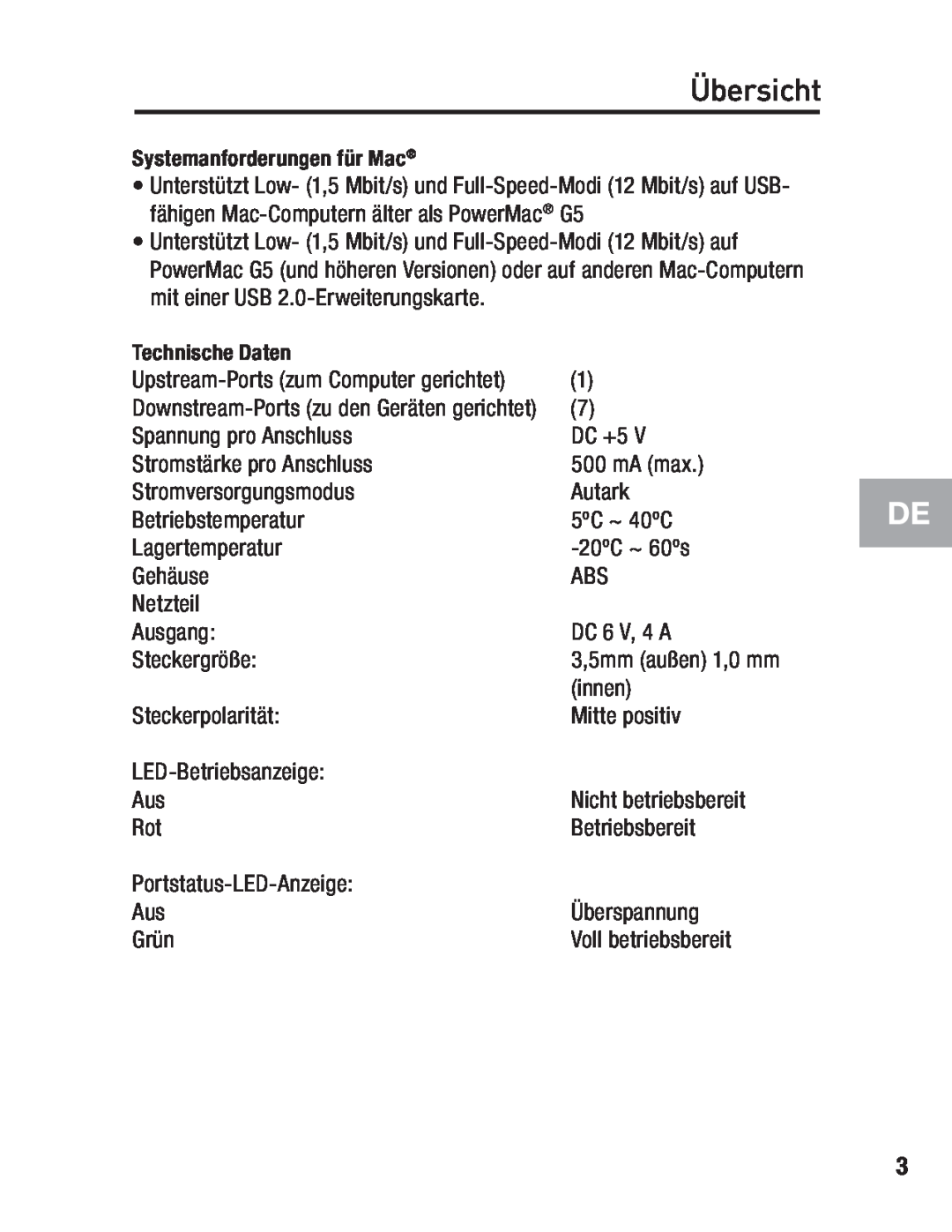Belkin F5U237 user manual Übersicht, Systemanforderungen für Mac 
