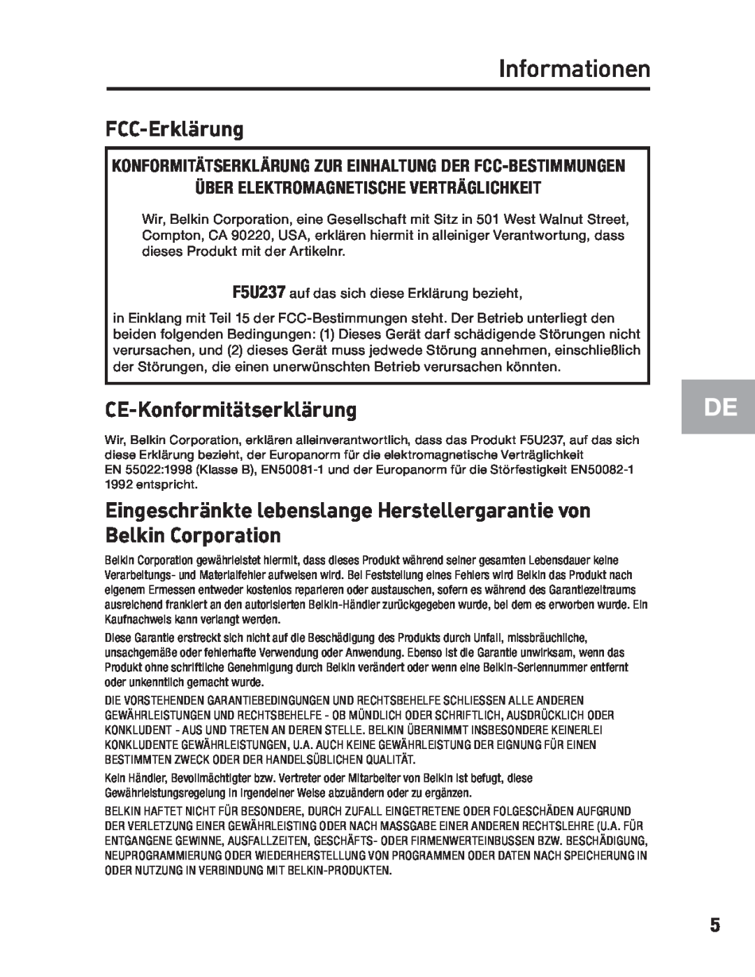 Belkin F5U237 user manual Informationen, FCC-Erklärung, CE-Konformitätserklärung 
