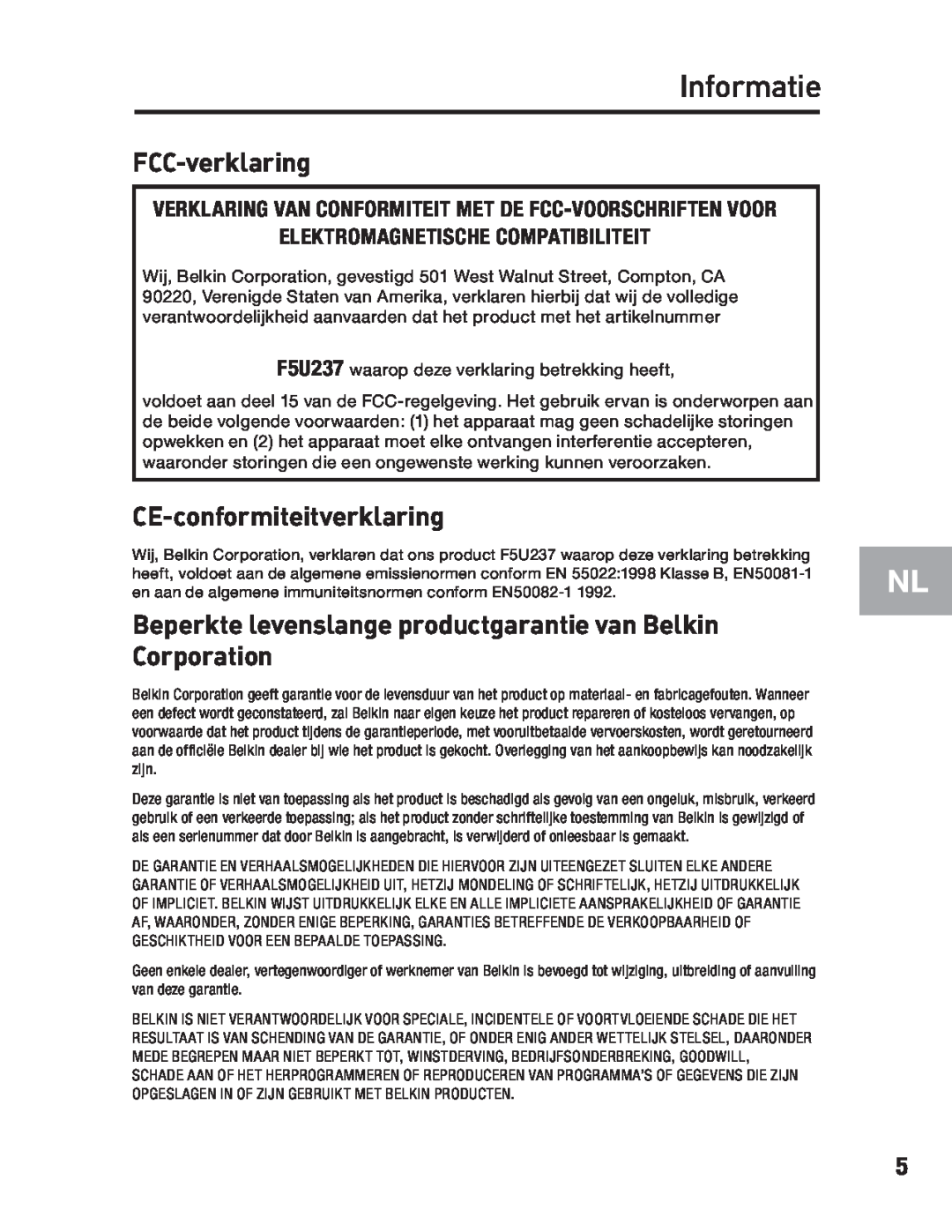 Belkin F5U237 user manual Informatie, FCC-verklaring, CE-conformiteitverklaring 