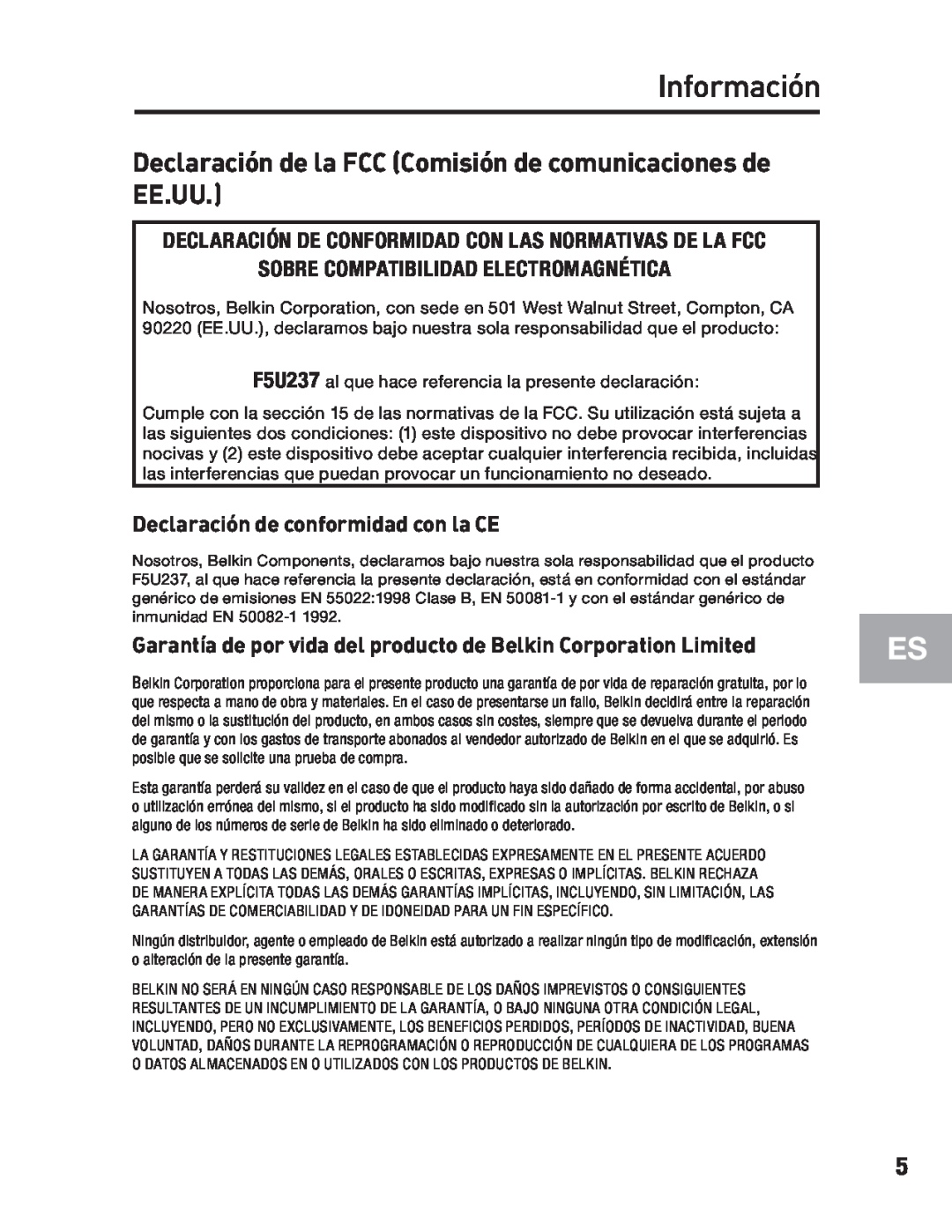 Belkin F5U237 Información, Declaración de la FCC Comisión de comunicaciones de EE.UU, Declaración de conformidad con la CE 