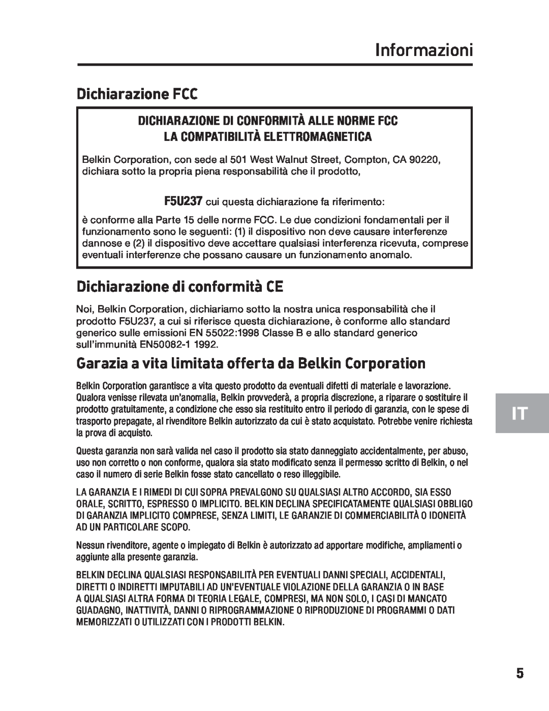 Belkin F5U237 user manual Informazioni, Dichiarazione FCC, Dichiarazione di conformità CE 