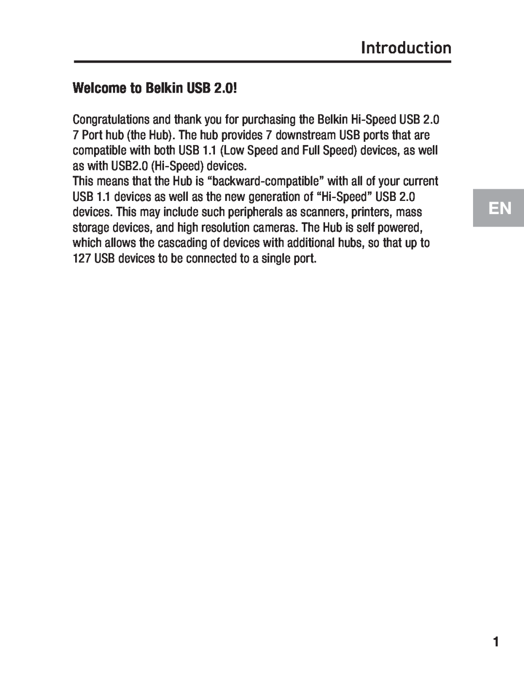 Belkin F5U237 user manual Introduction, Welcome to Belkin USB 