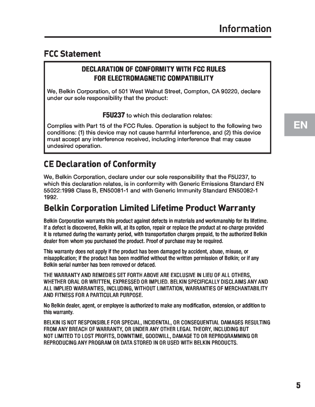 Belkin F5U237 user manual Information, FCC Statement, CE Declaration of Conformity 