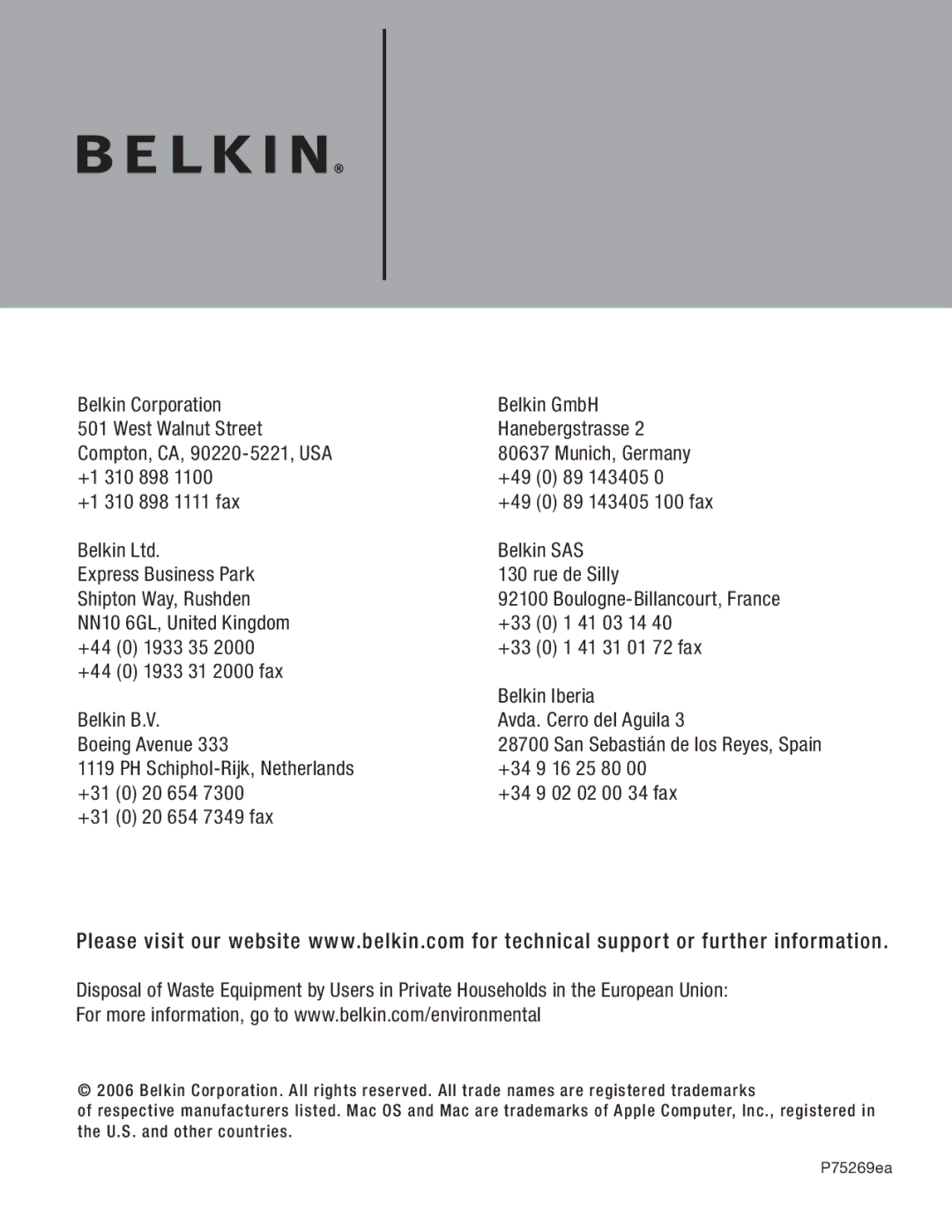 Belkin F5U237 user manual 89 143405 