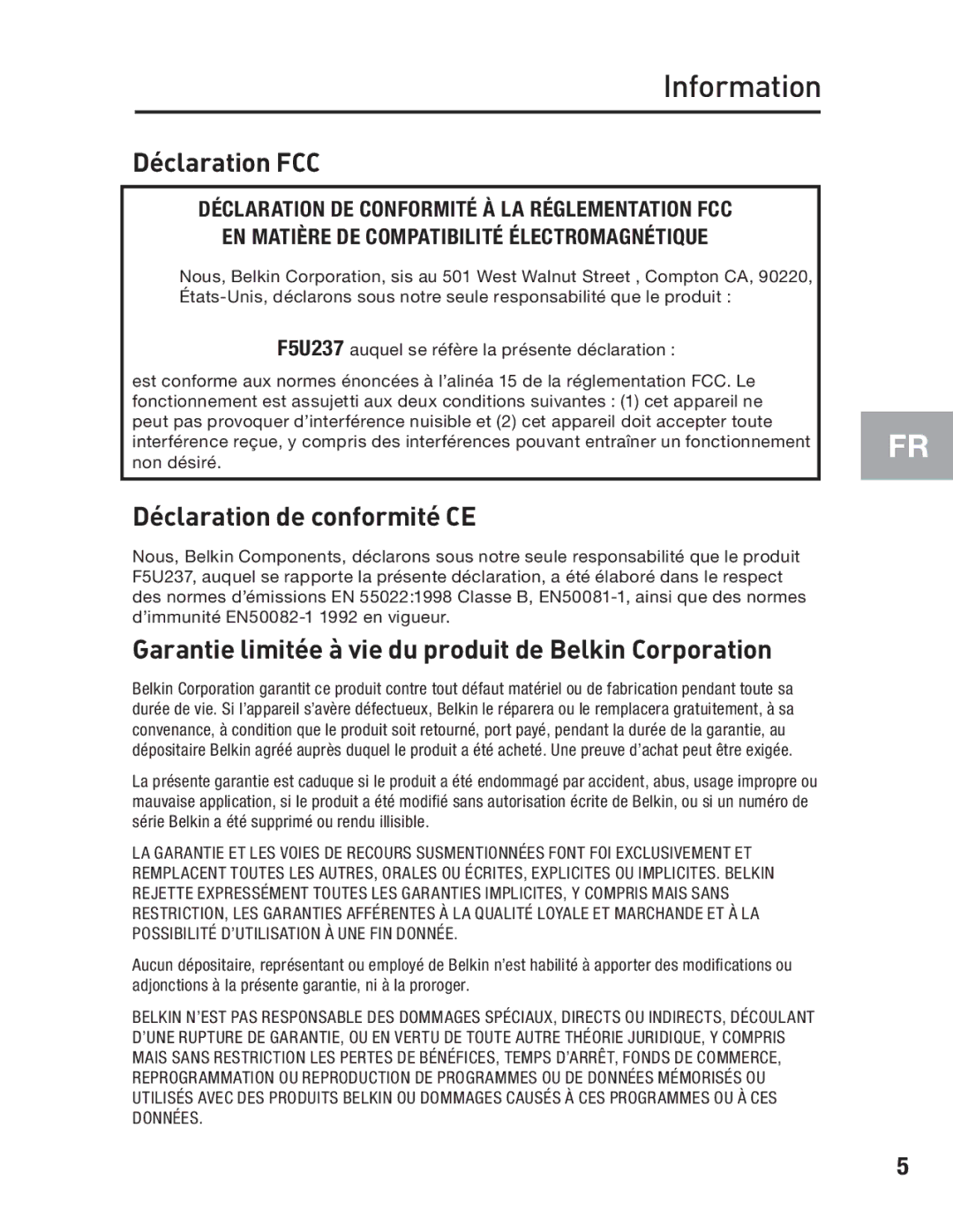 Belkin F5U237 user manual Déclaration FCC 