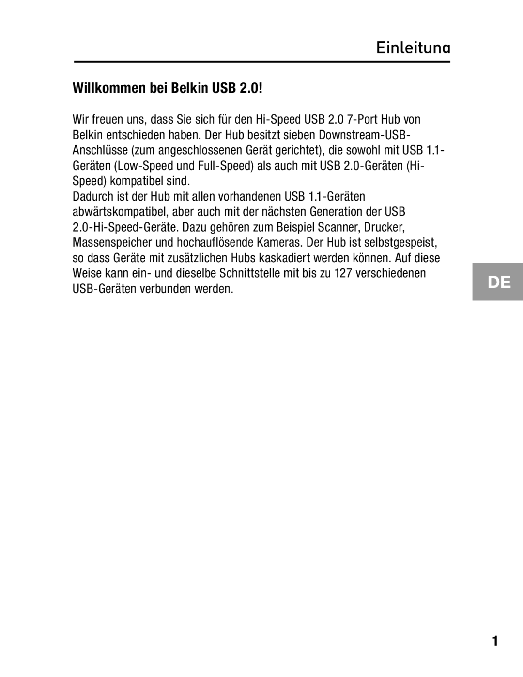 Belkin F5U237 user manual Einleitung, Willkommen bei Belkin USB 