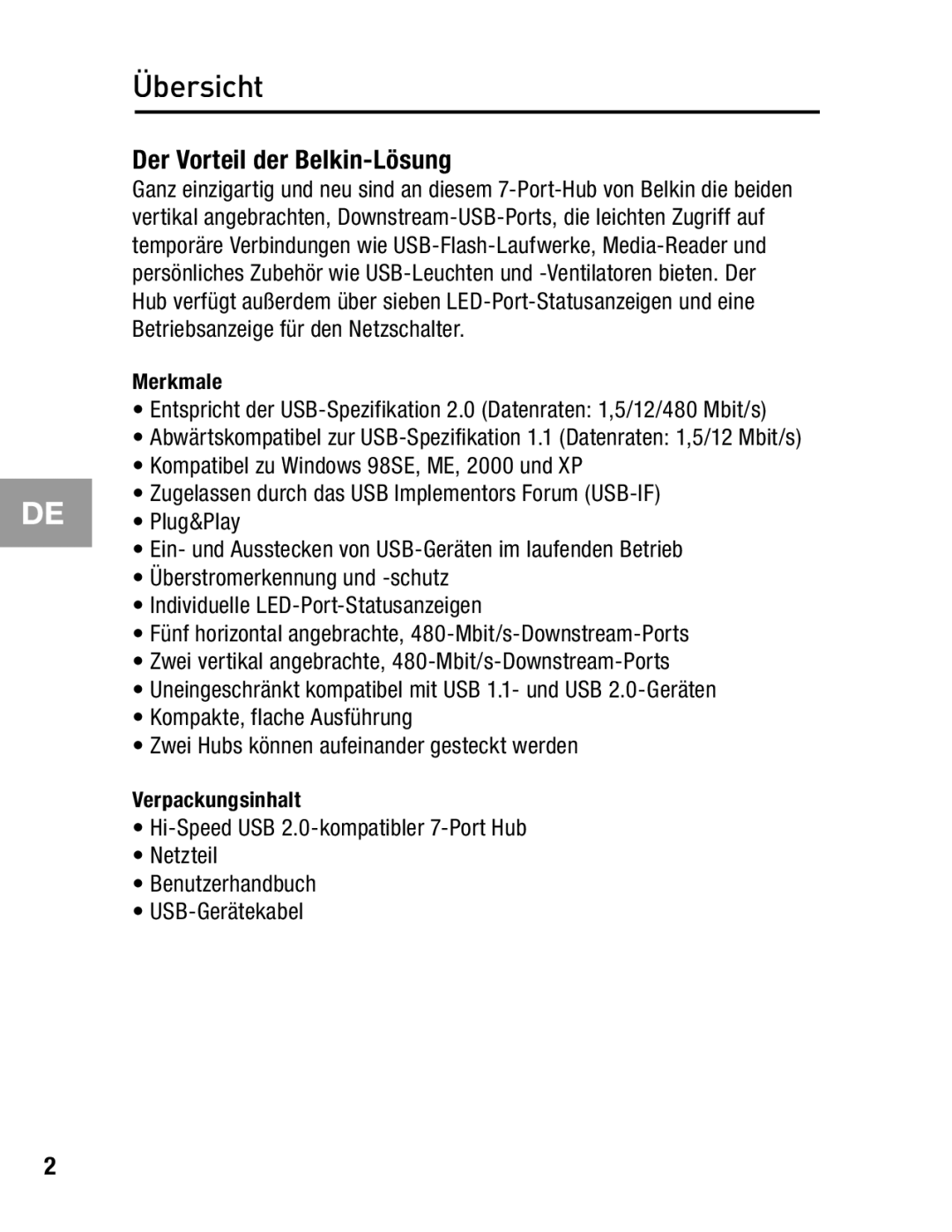 Belkin F5U237 user manual Übersicht, Der Vorteil der Belkin-Lösung 