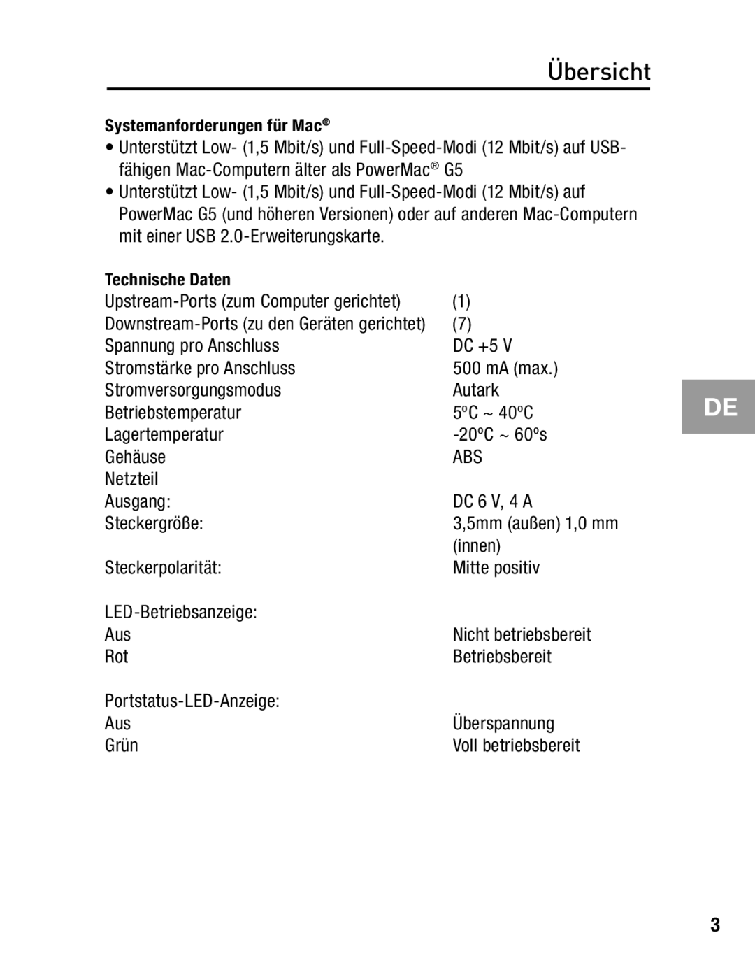 Belkin F5U237 user manual Netzteil Ausgang DC 6 V, 4 a Steckergröße 