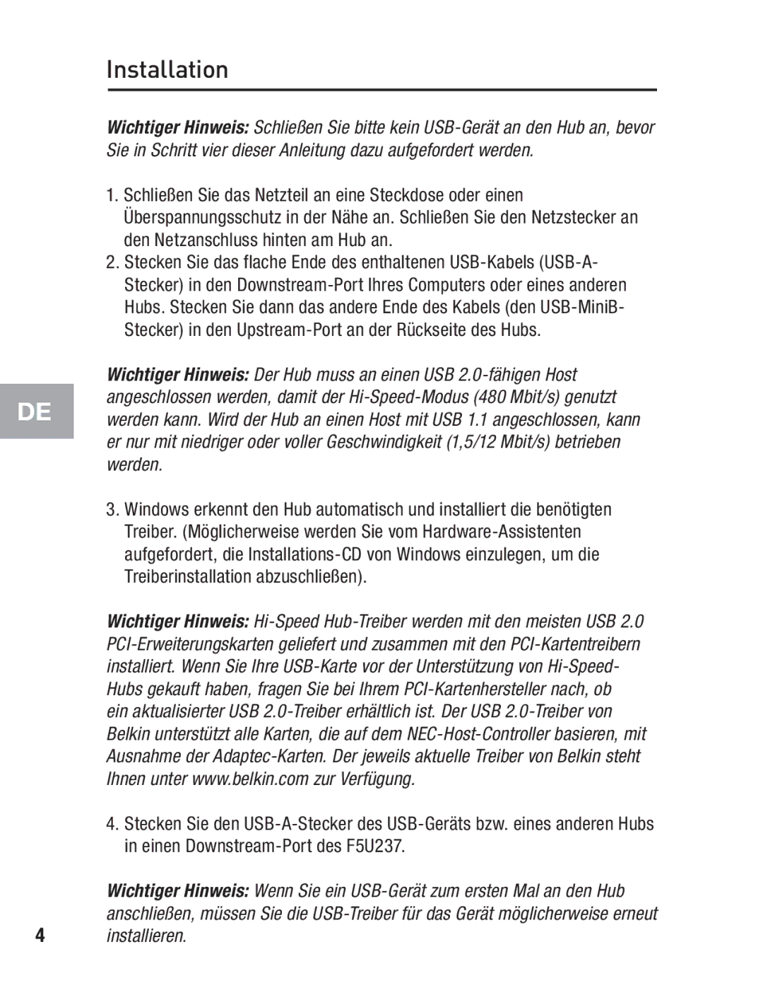 Belkin F5U237 user manual Installieren 