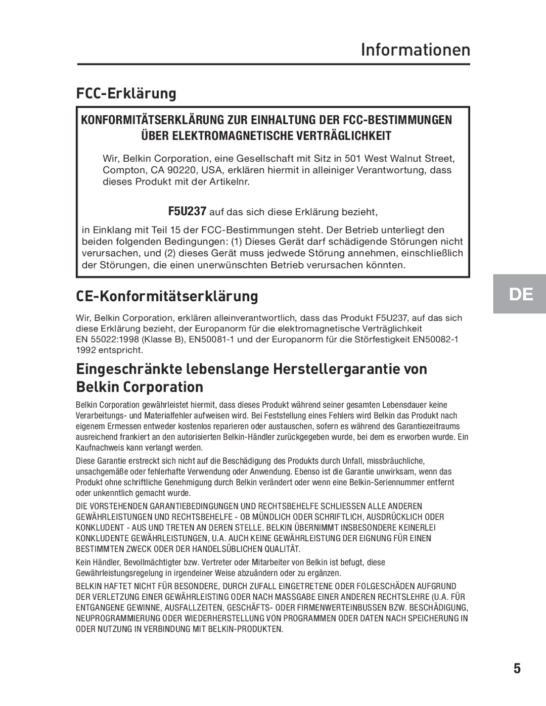 Belkin F5U237 user manual Informationen, FCC-Erklärung 