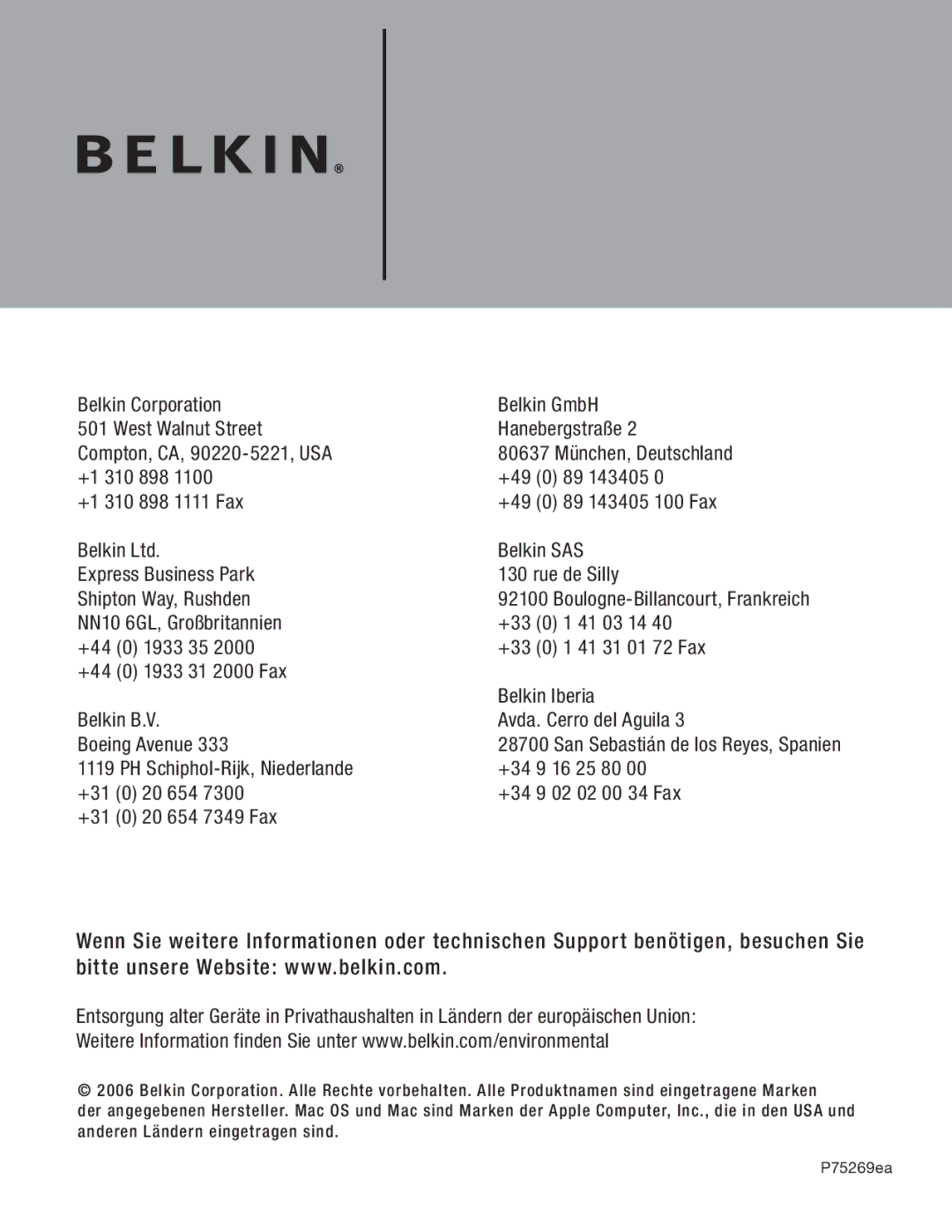 Belkin F5U237 user manual NN10 6GL, Großbritannien 