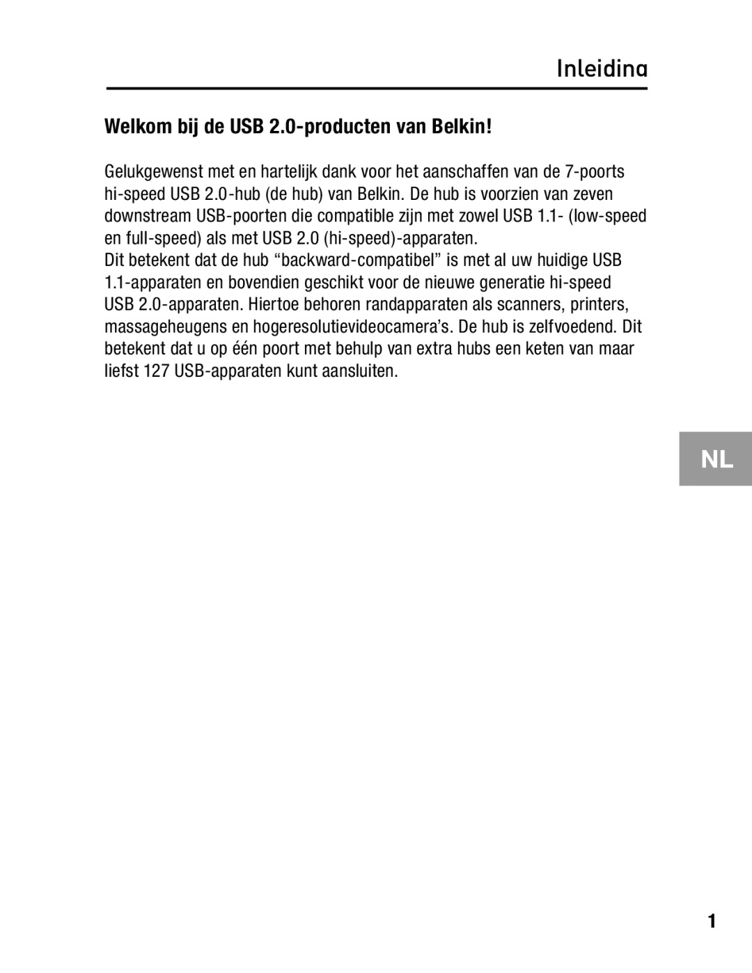 Belkin F5U237 user manual Inleiding, Welkom bij de USB 2.0-producten van Belkin 