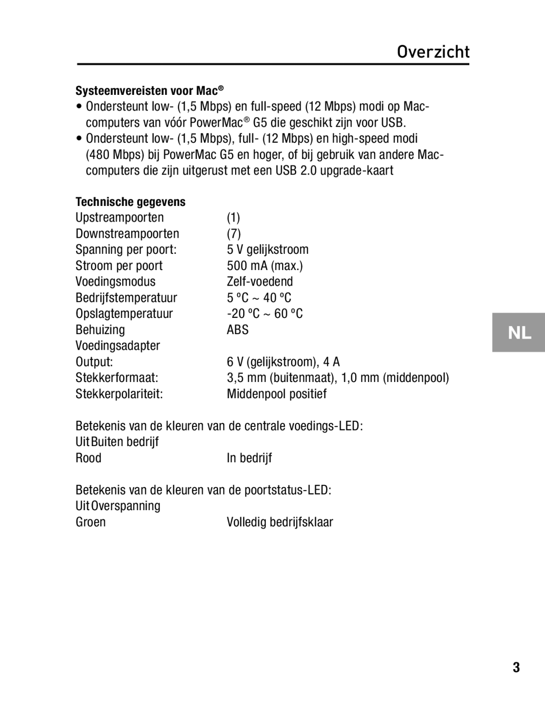 Belkin F5U237 user manual Voedingsadapter Output Gelijkstroom, 4 a Stekkerformaat 