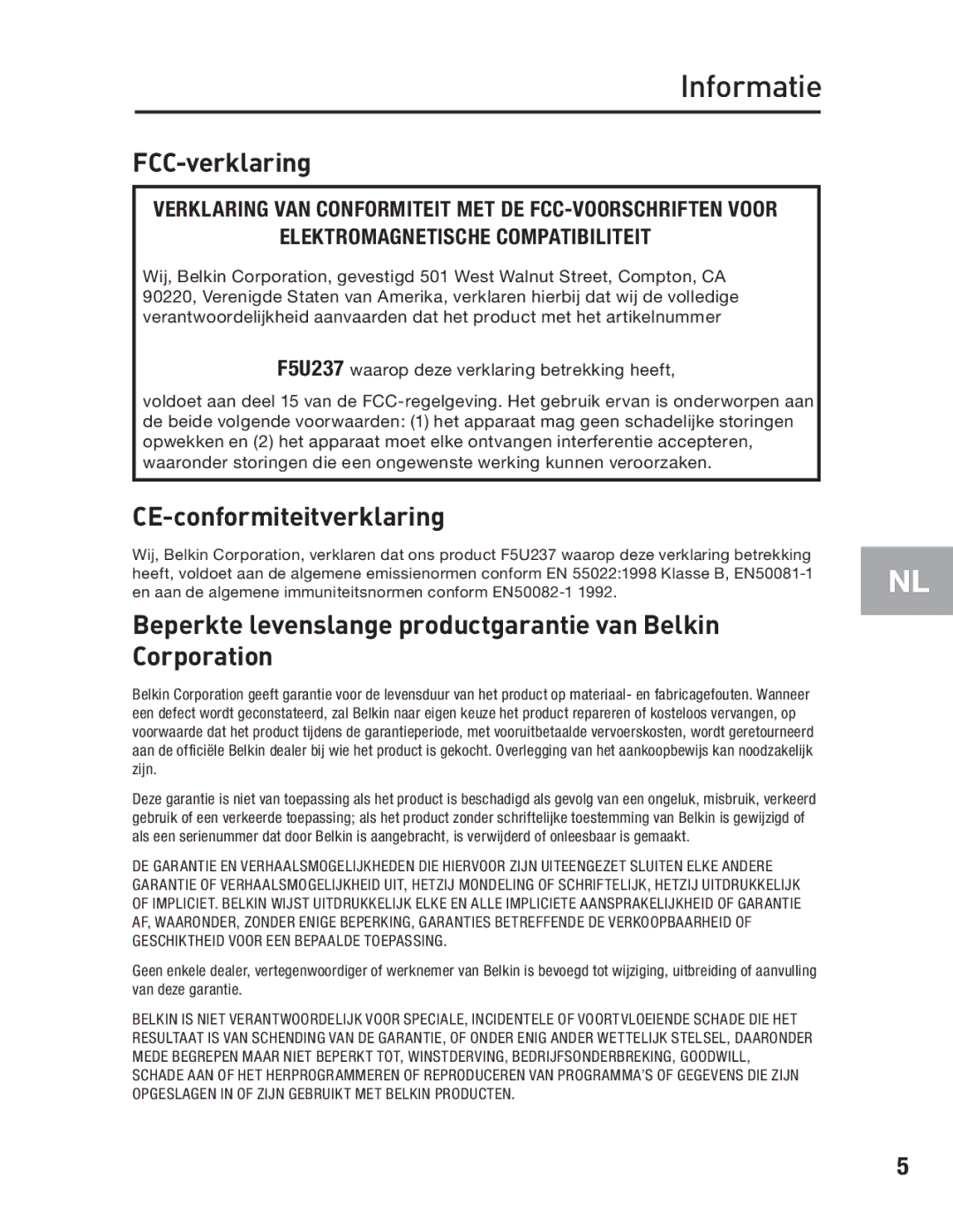 Belkin F5U237 user manual Informatie, FCC-verklaring 