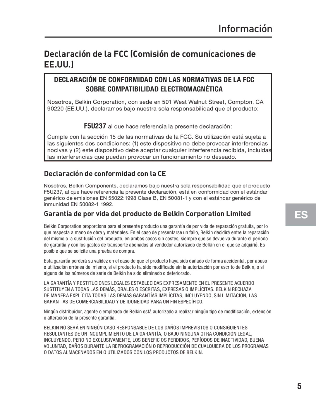 Belkin F5U237 user manual Información, Declaración de la FCC Comisión de comunicaciones de EE.UU 