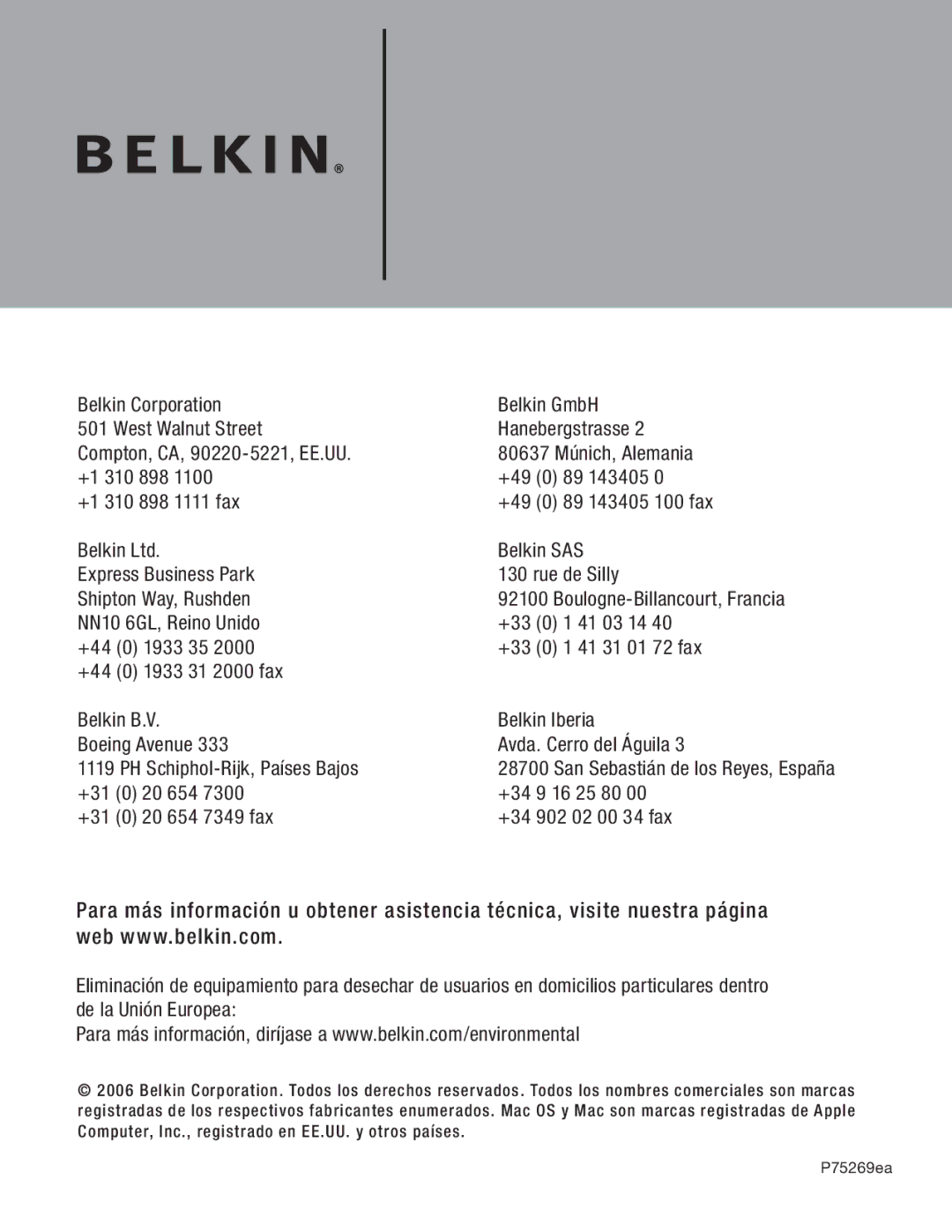 Belkin F5U237 user manual NN10 6GL, Reino Unido 