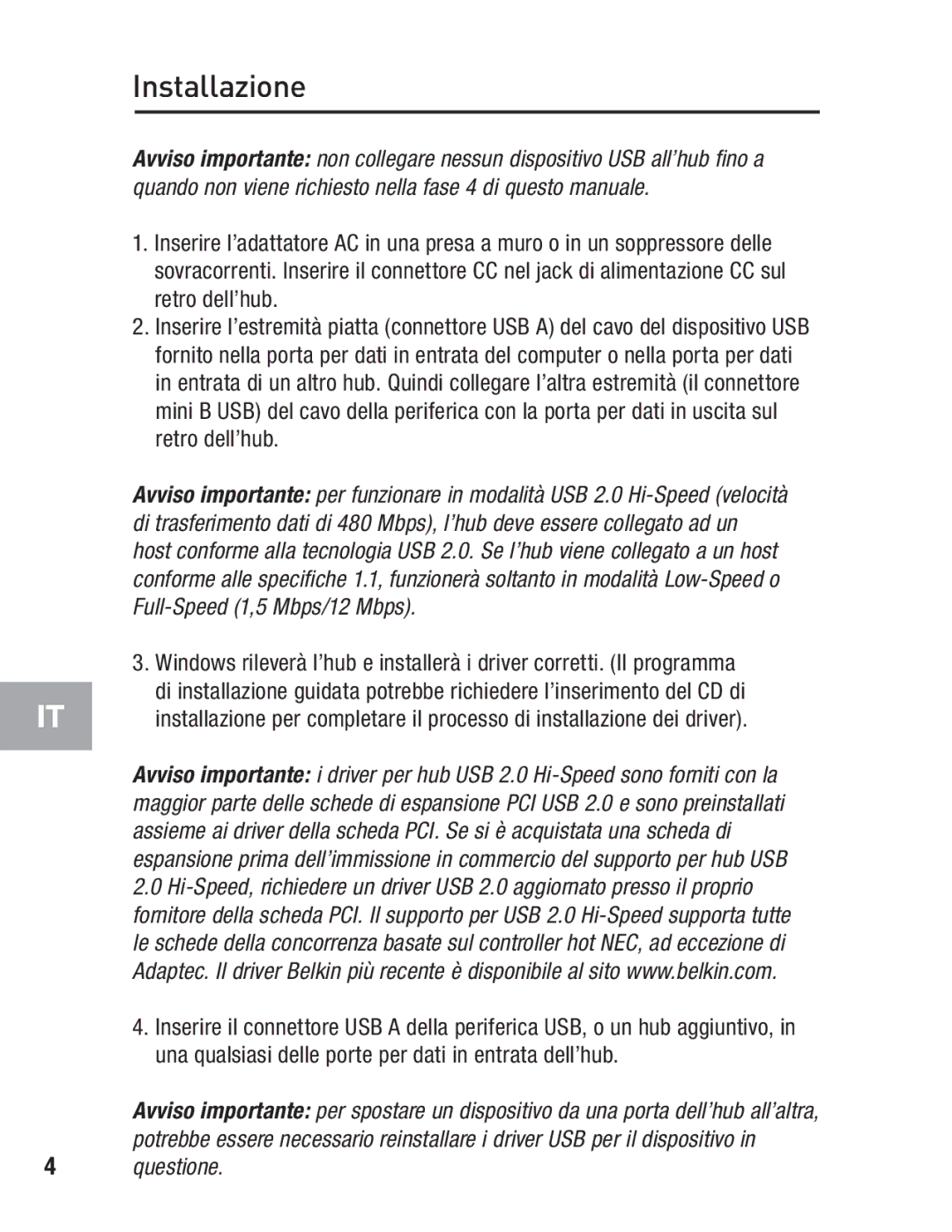 Belkin F5U237 user manual Installazione 