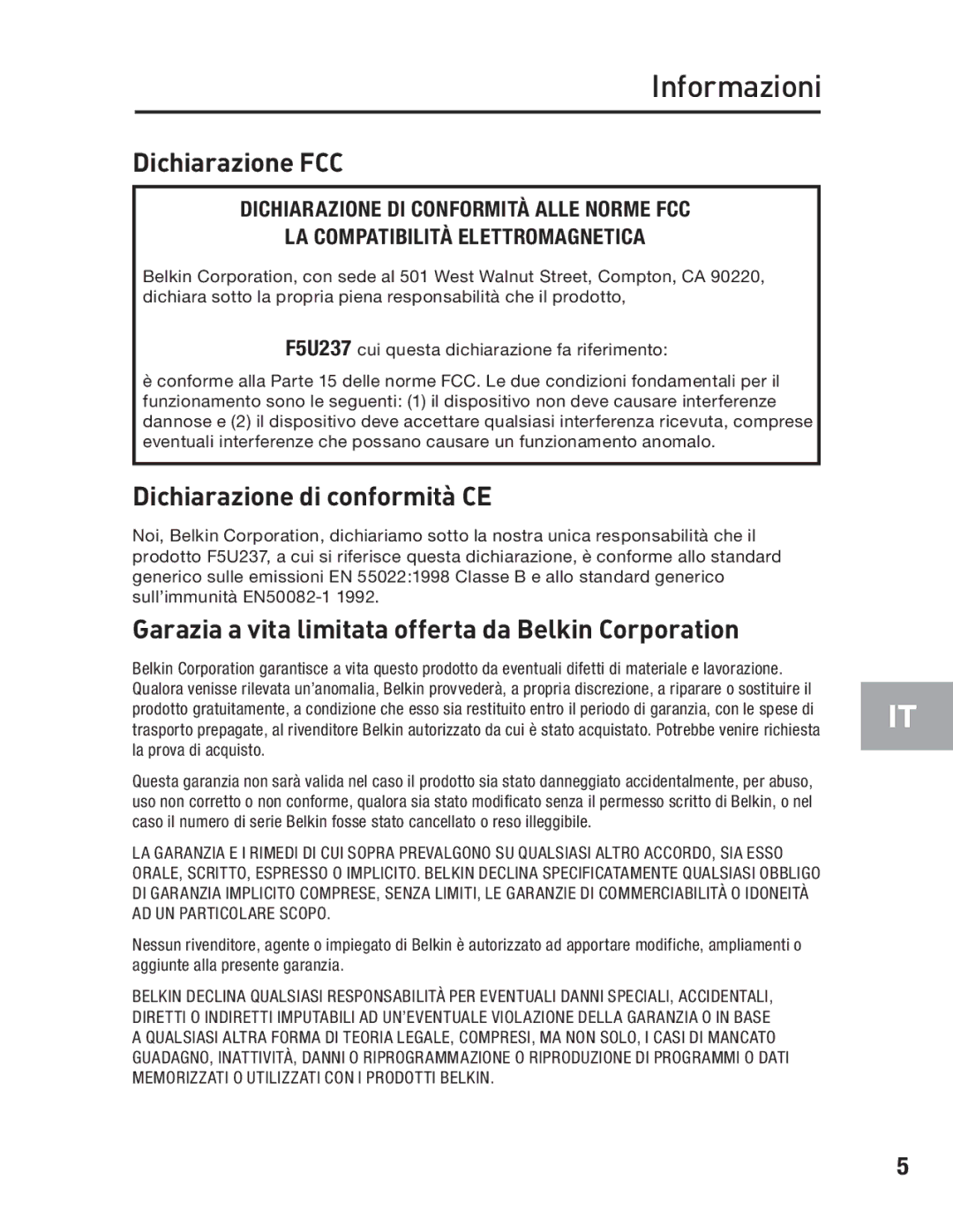 Belkin F5U237 user manual Informazioni, Dichiarazione FCC 