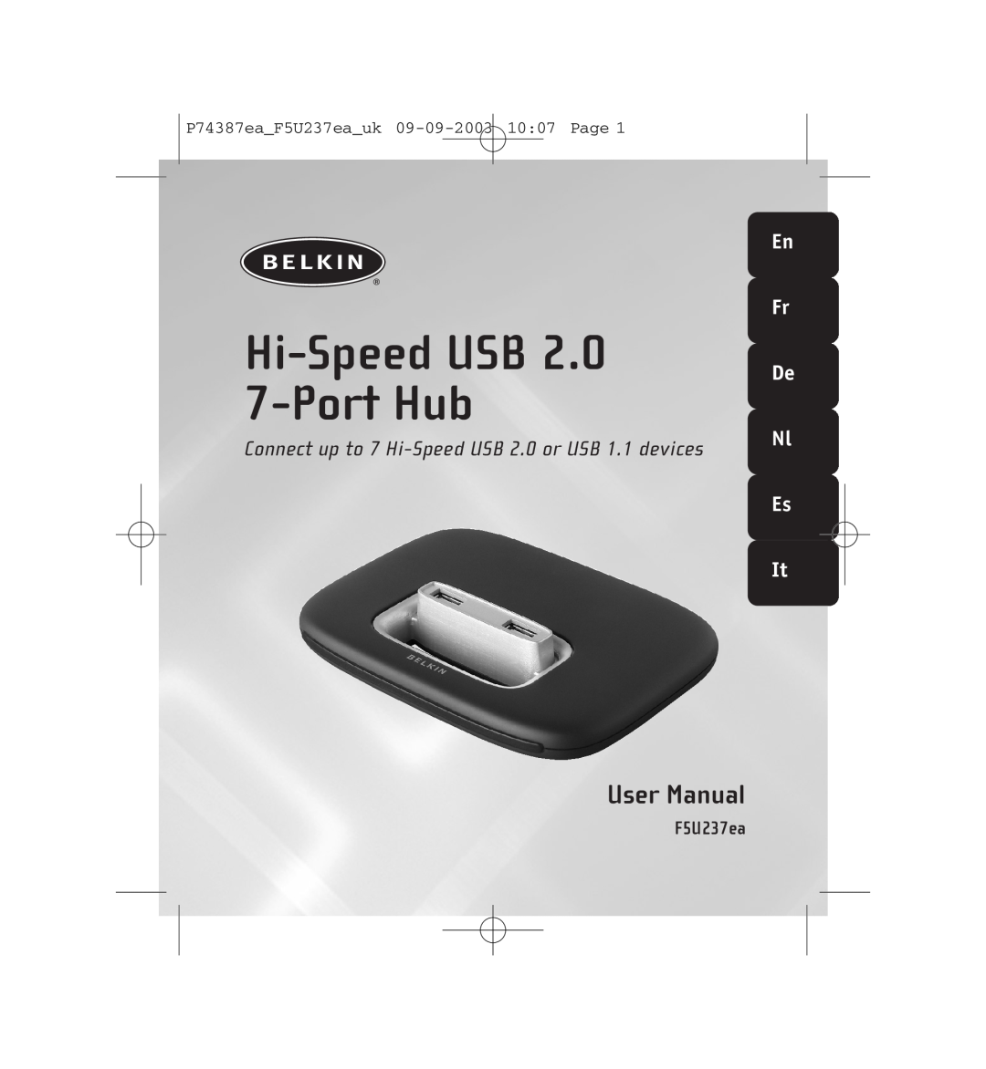 Belkin F5U237EA user manual En Fr, P74387eaF5U237eauk 09-09-2003 1007 Page, Hi-Speed USB 2.0 7-Port Hub 