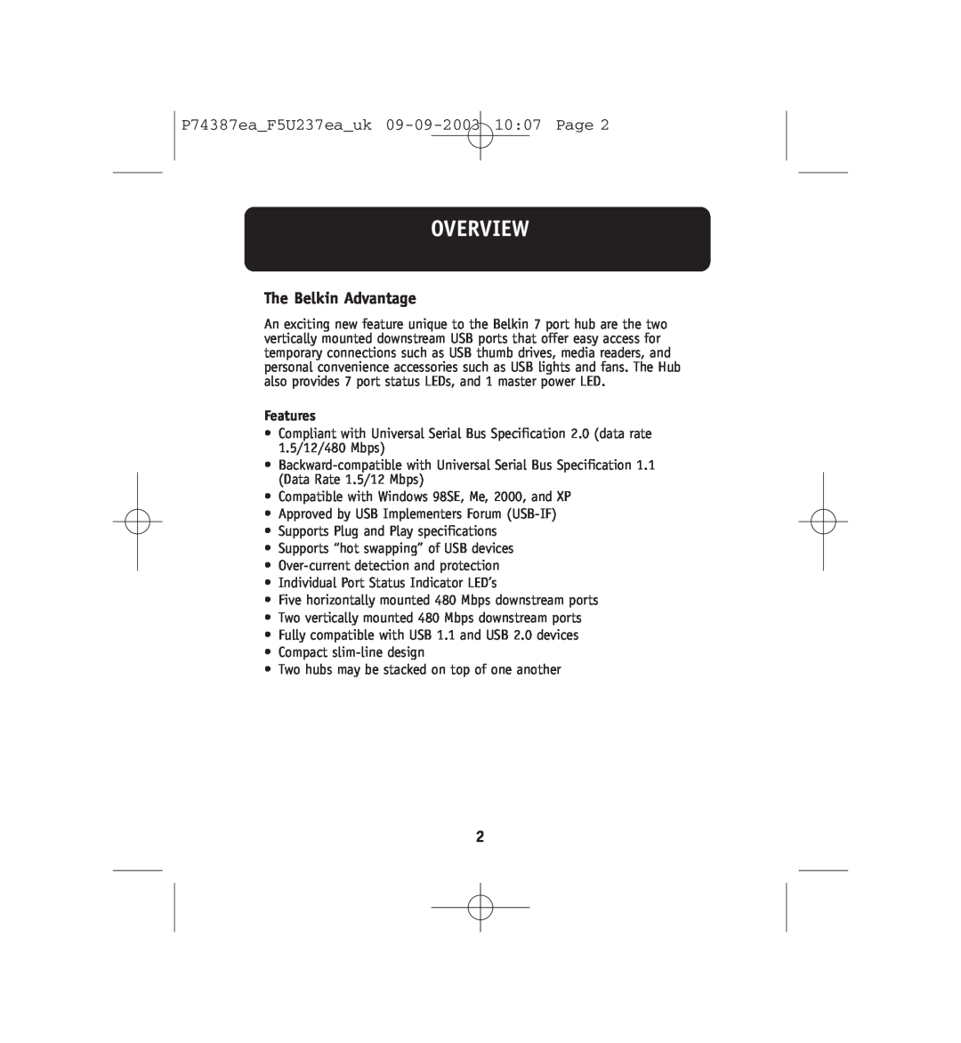 Belkin F5U237EA user manual Overview, Features, P74387eaF5U237eauk 09-09-2003 1007 Page, The Belkin Advantage 