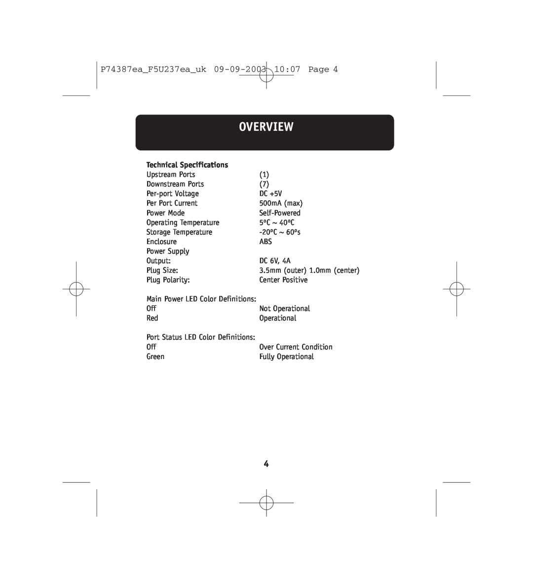 Belkin F5U237EA Technical Specifications, Overview, P74387eaF5U237eauk 09-09-2003 1007 Page, 3.5mm outer 1.0mm center 